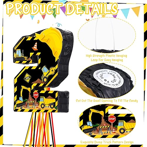 Miniatura 3 de Camión volquete de piñata de construcción pequeño número 2, dos piñatas, tractor, excavadora, piñata con palito de ojos para niños, decoración de 2