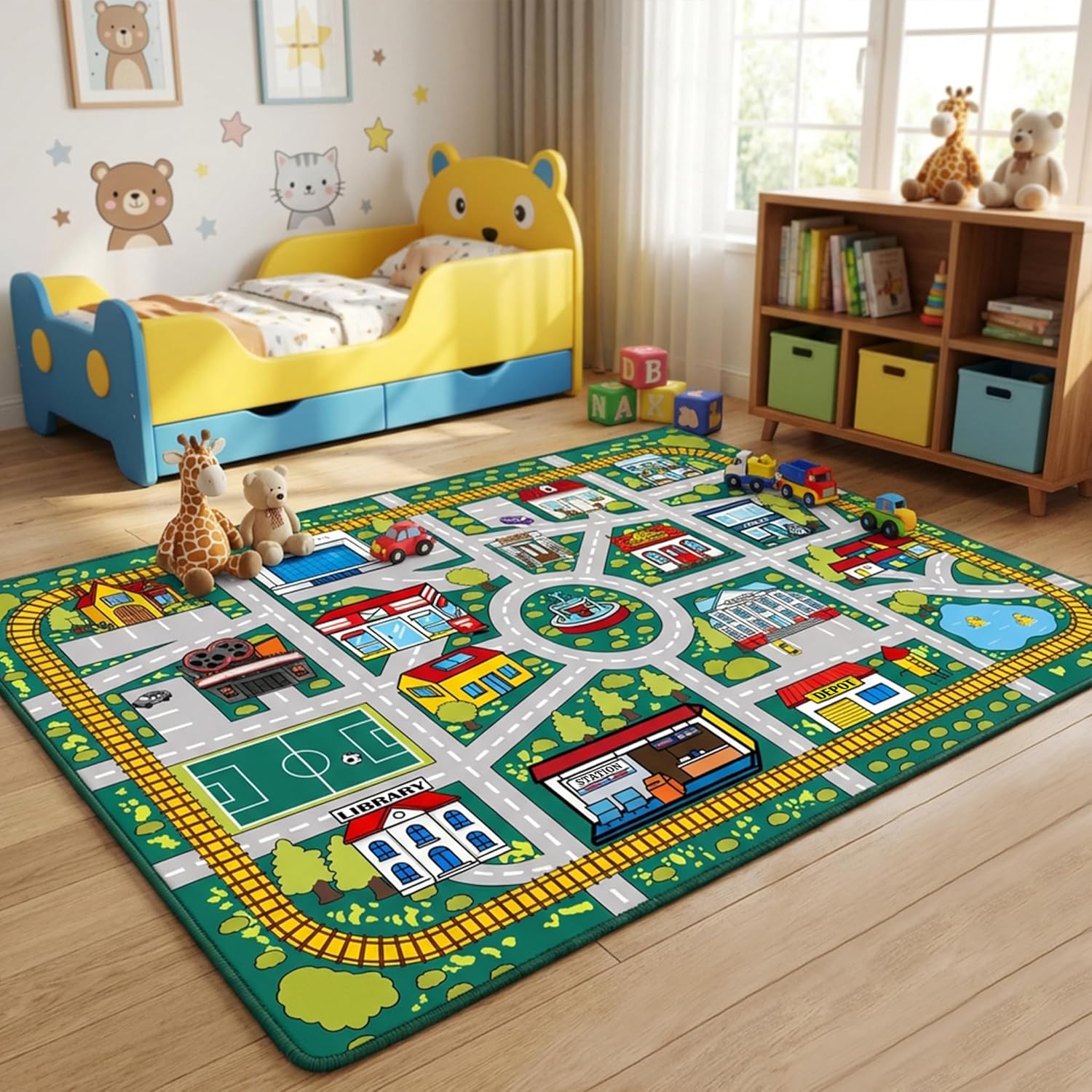 Kids Car Road Rug (3x5 Ft), Non-Slip City Traffic Play Mat for Toy Cars, Train Track Carpet for Kids Room, Educational Town Map with Police Station, Hospital & Cinema