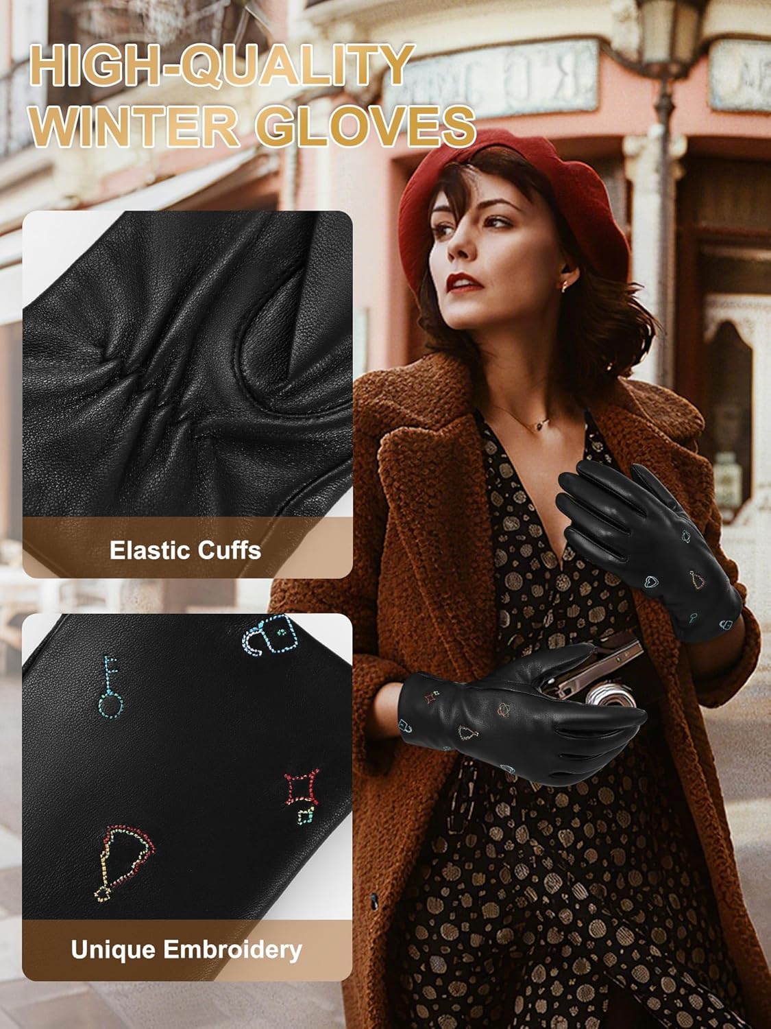 FIORETTO Women’s Winter Chrome-Free Sheepskin Leather Gloves Cashmere Wool Lined, Touchscreen & Embroidered W25003 - Image 5