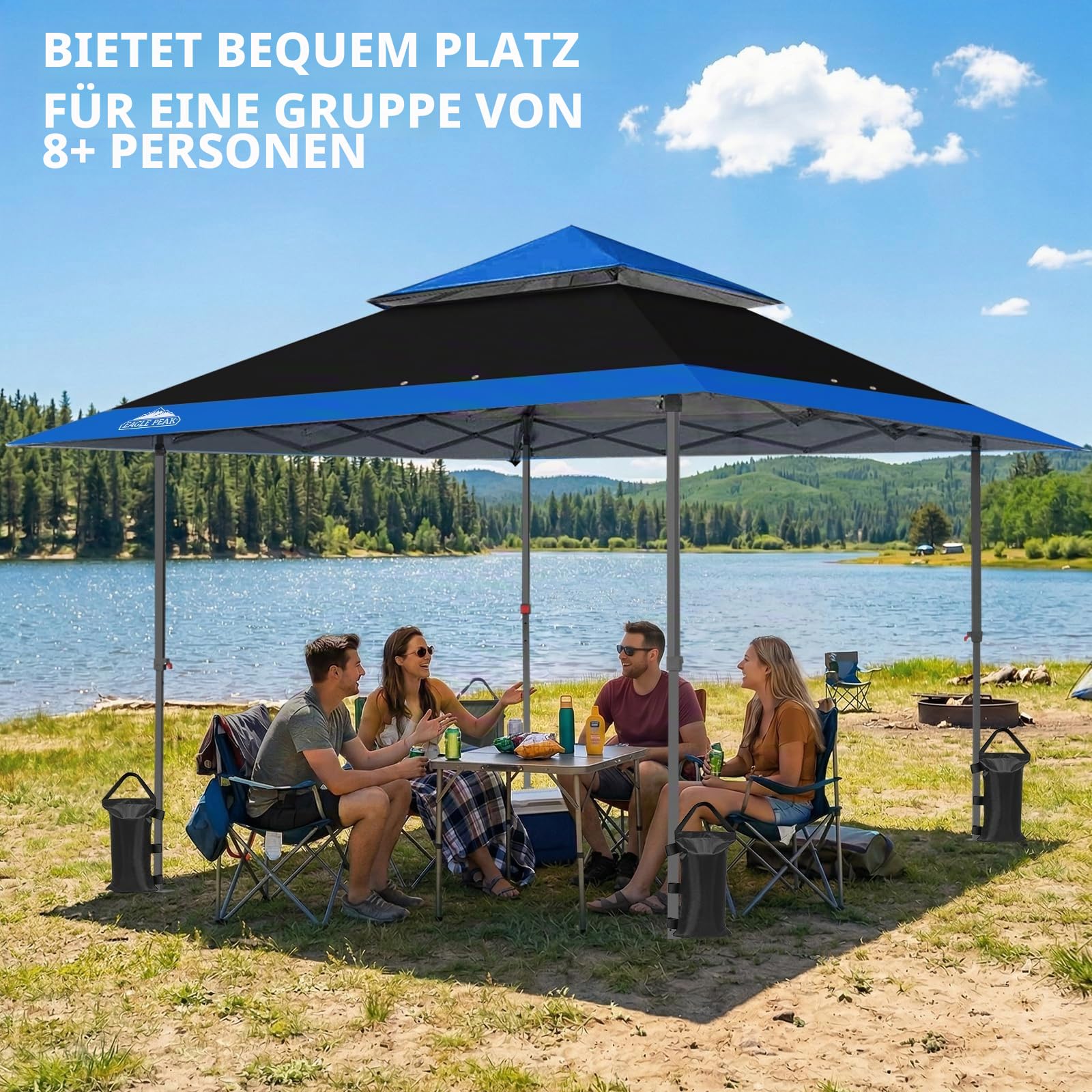 EAGLE PEAK Schräge Beine Faltbar Pavillon 4x4m Wasserdicht Camping Pop-up Faltpavillon mit Seitenteil, inkl. Rucksack, Blau/Schwarz