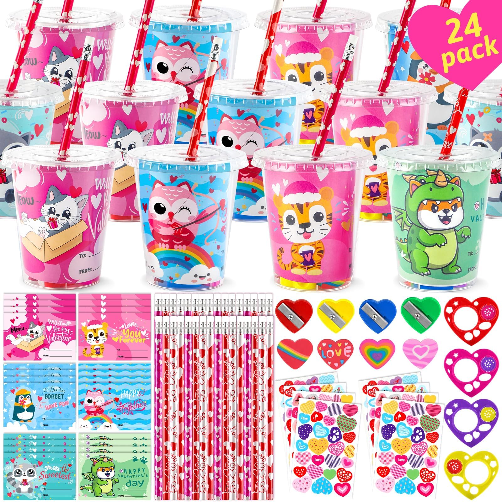 JoycoverValentines Day Gifts for Kids Classroom - 168Pcs Stationery Set Valentines Cards for Kids, Valentines Day Goodie Bag Stuffers, Kids Valentines Day Gifts for School Exchange for Boys Girls