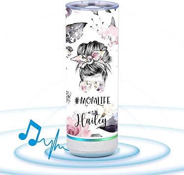 Music Tumbler, 20oz, Personalized, Stainless Steel, Insulated, LED Lights, Bluetooth Speaker, White