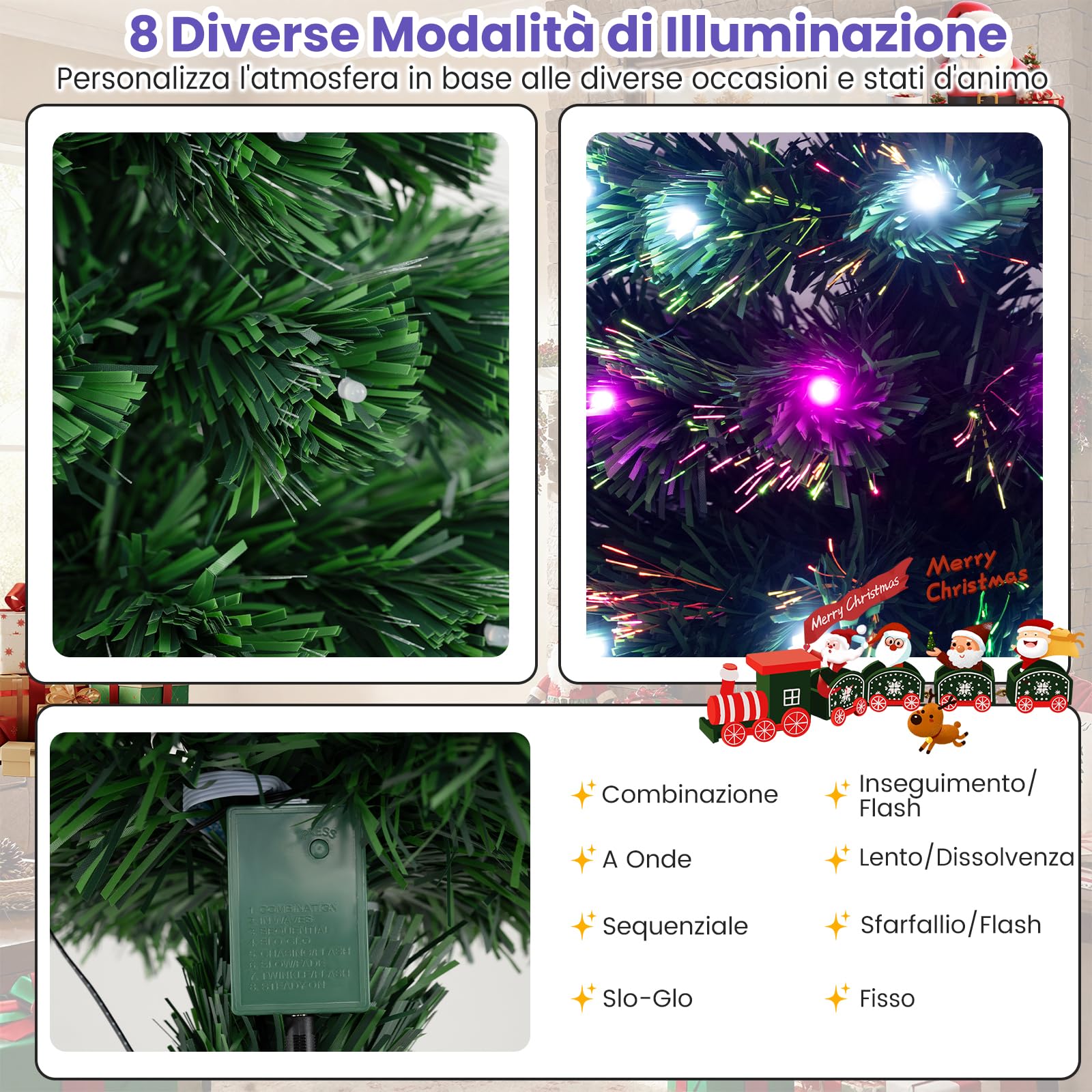 Albero di Natale Artificiale Illuminato da 93 cm, Albero di Natale con Fibre Ottiche Multicolore, 96 Luci LED Viola e Bianche, 8 Modalità, 96 Punte di Rami in PVC, Stella sulla Cima, Base Metallica