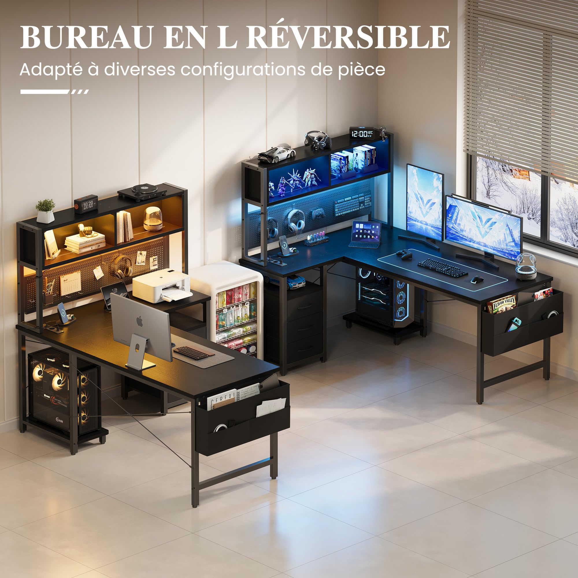 YOUDENOVA Bureau d'angle en L Réversible, Bureau Gaming avec Panneau Perforé et Étagères, Bureau avec LED et Prises, 3 Tiroirs et Poche de Rangement, Table pour Salon Domicile 135x100 cm Noir