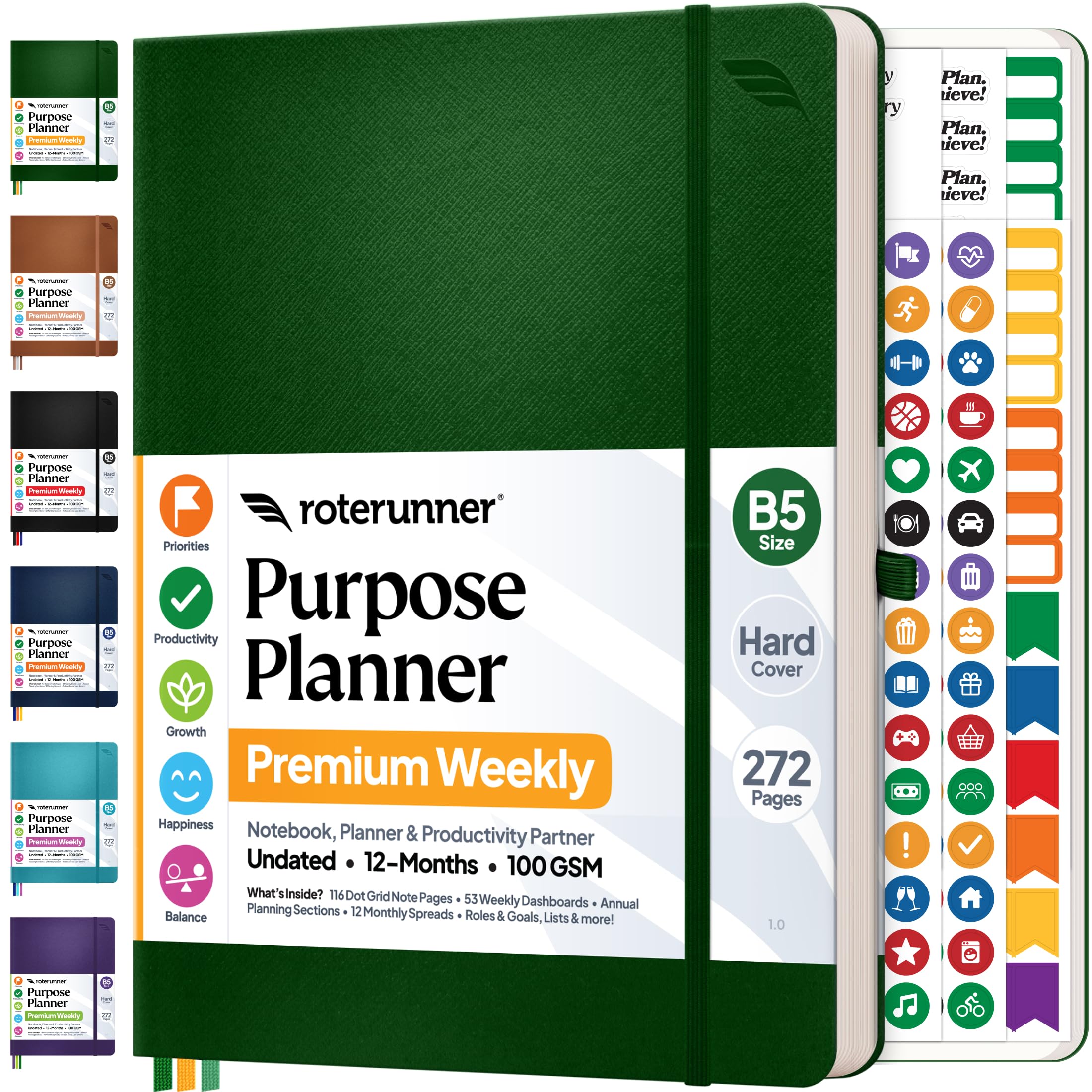 Roterunner Agenda B5, 19 x 24,9 cm, 12 mesi, non datata, 2026, giornaliera, settimanale e mensile, strumento per la definizione degli obiettivi di produttività, per lavoro, casa, ADHD, per adulti