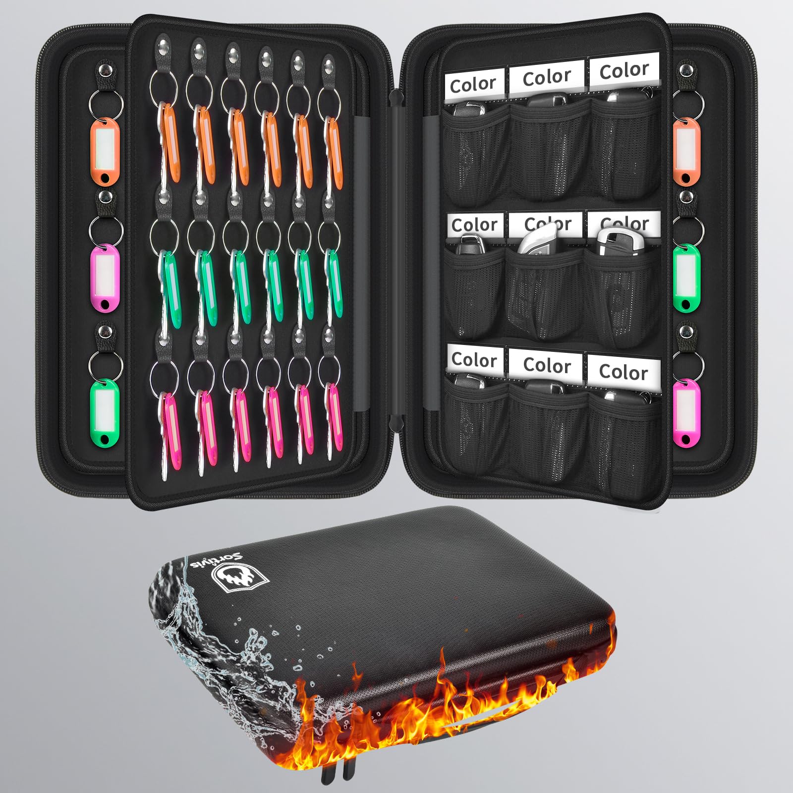 Fireproof Key Organizer Case with 54 Tags and 9 Key Fob Pockets