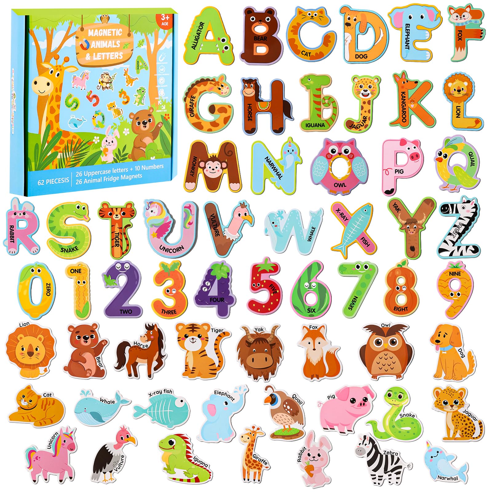 52PCS Fridge Magnets for Kids – 26 Cute Animal Magnets & 26 Magnetic Alphabet Letters, for Toddlers Preschool Fun Educational Learning