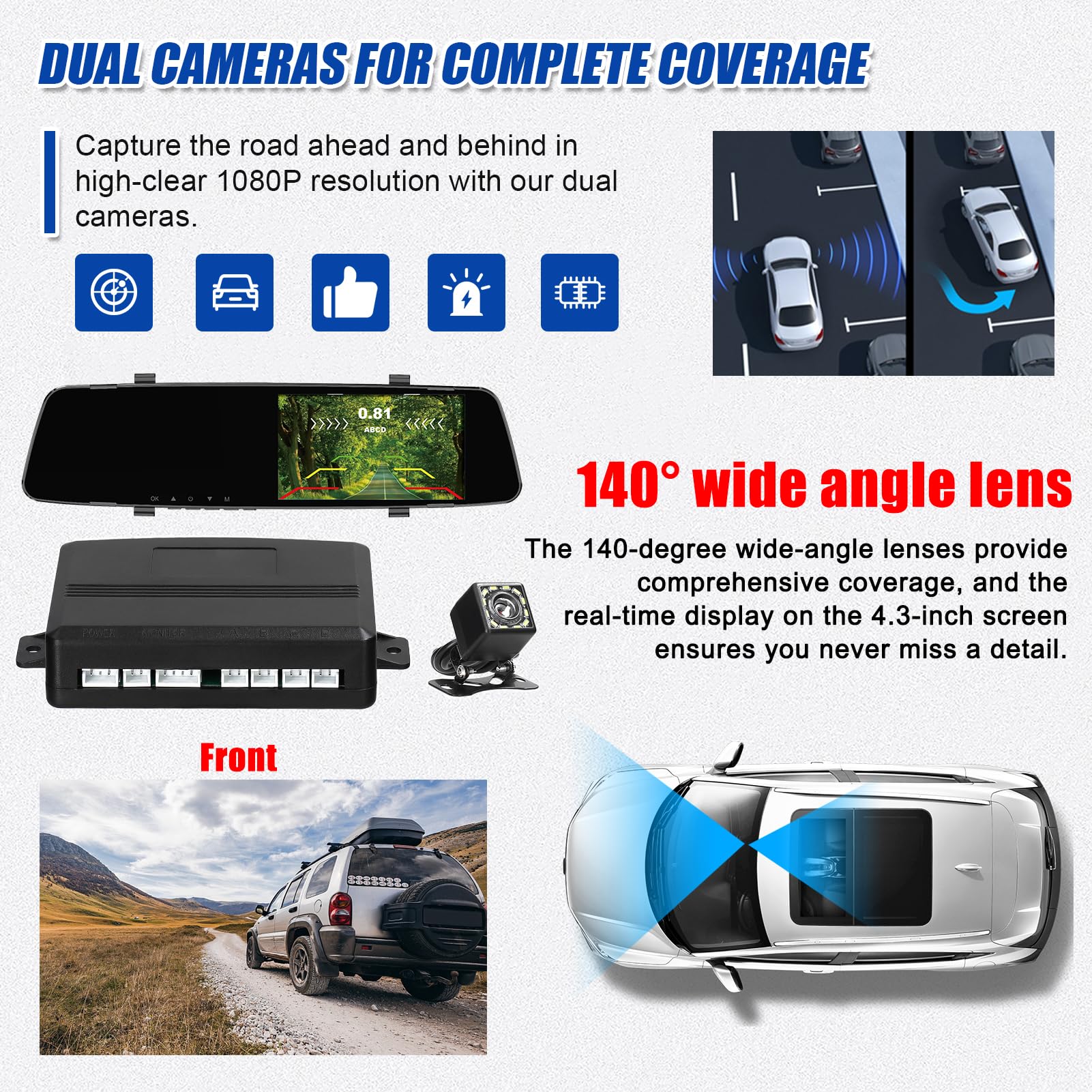 Shkalacar Kamera na desce rozdzielczej DVR 1080P z 4 czujnikami parkowania, podwójna kamera przednia i tylna z noktowizorem, nagrywanie, w pętli i wielojęzyczny system parkowania