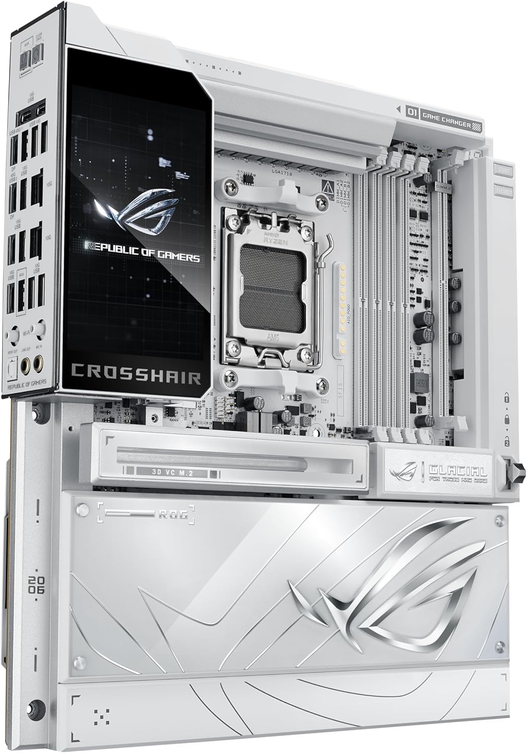 ASUS ROG Crosshair X870E Glacial, AMD E-ATX Motherboard, 24+2+2 Power Stages, DDR5 Slots, Two PCIe® 5.0 x16 SafeSlots, Seven M.2 Slots, Dual Realtek 10G Ethernet, AI Cache Boost, Full -Color 5” LCD