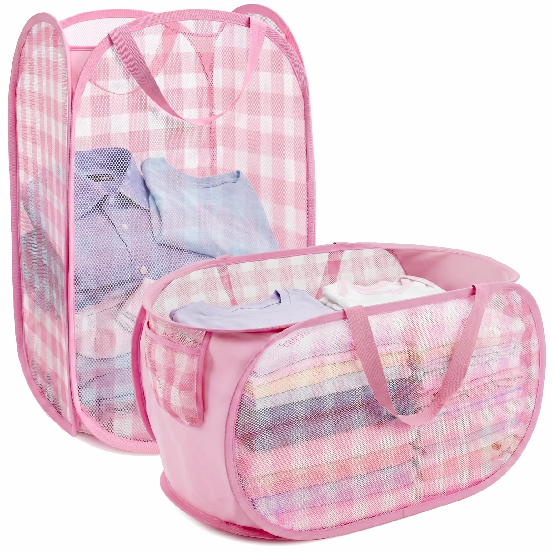 BOSNONA Pop Up Laundry Baskets Set 2 Pack 75L Foldable Laundry Basket Collapsible Laundry Baskets for Bedroom Dorm Travel (Pink Check(Horizontal & Vertical))
