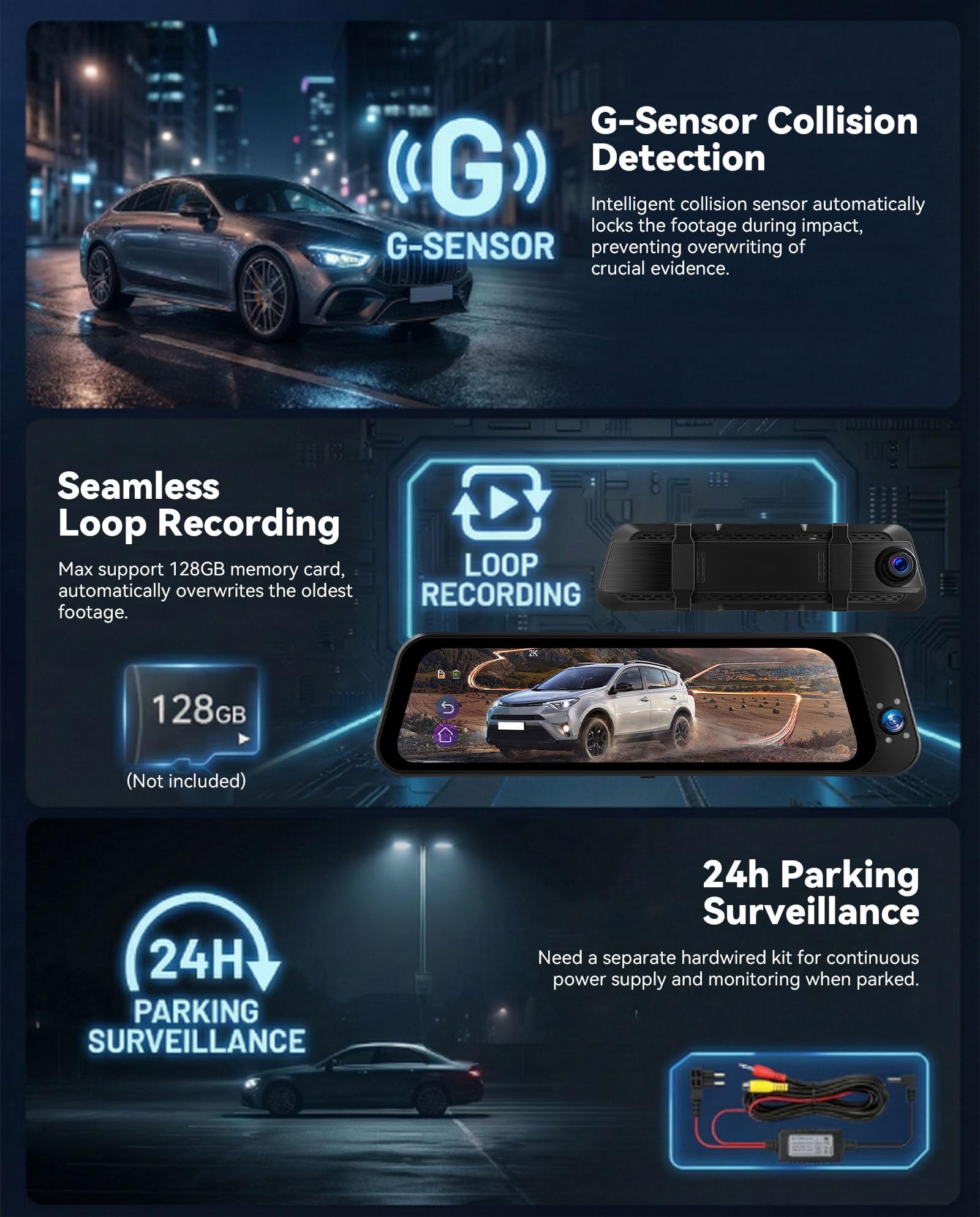 SIXWIN Dashcam Rétroviseur 3 Canaux 9,66″ Tactile WiFi et App – 2K+2×1080P, Vision Nocturne, ADAS & BSD & LCA, Capteur G, Enregistrement Boucle, Surveillance Stationnement 24h