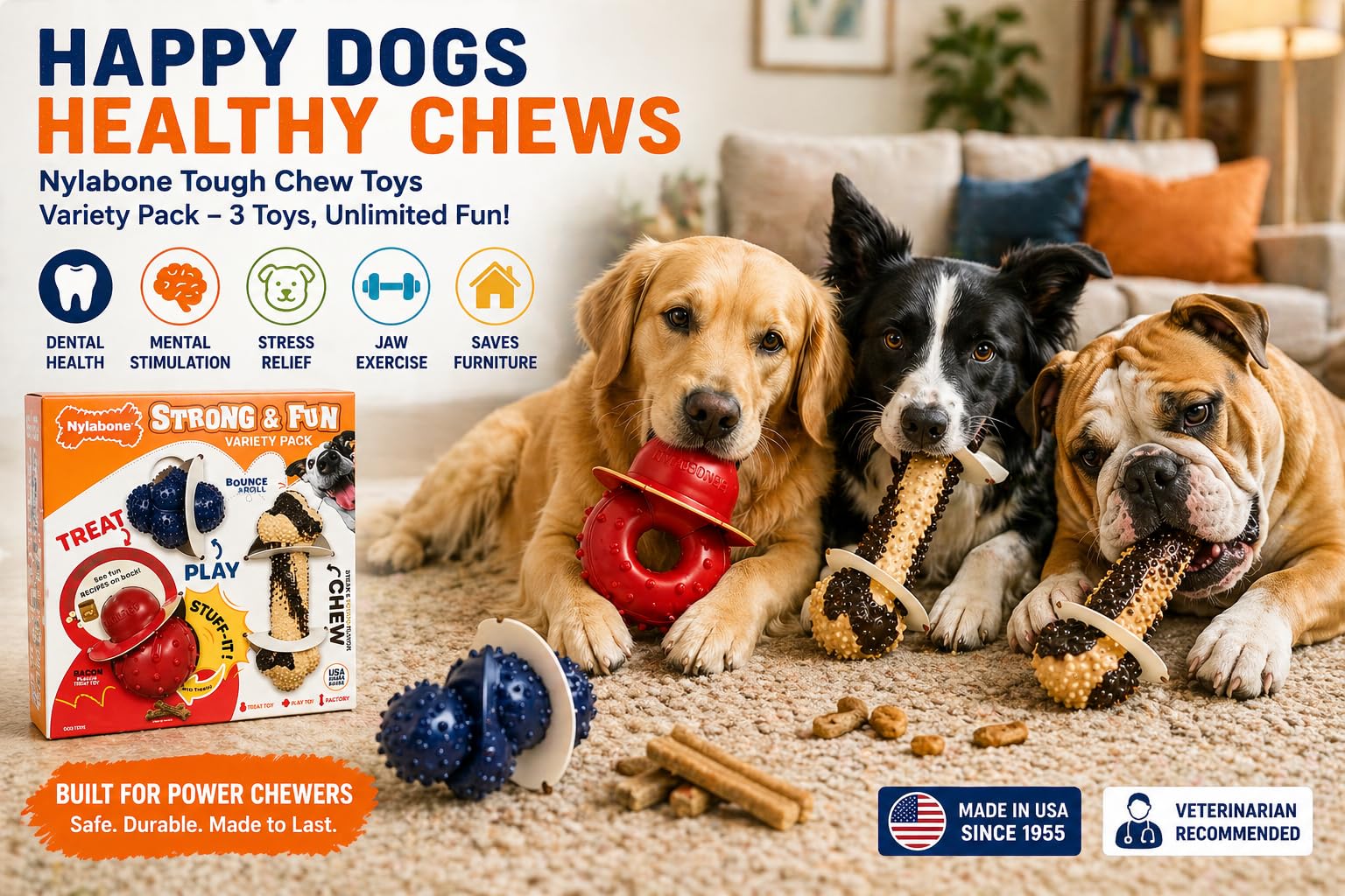 Nylabone Super robustes Kauspielzeug Spielzeug aus Gummi, stark und lustig, 3 Stück