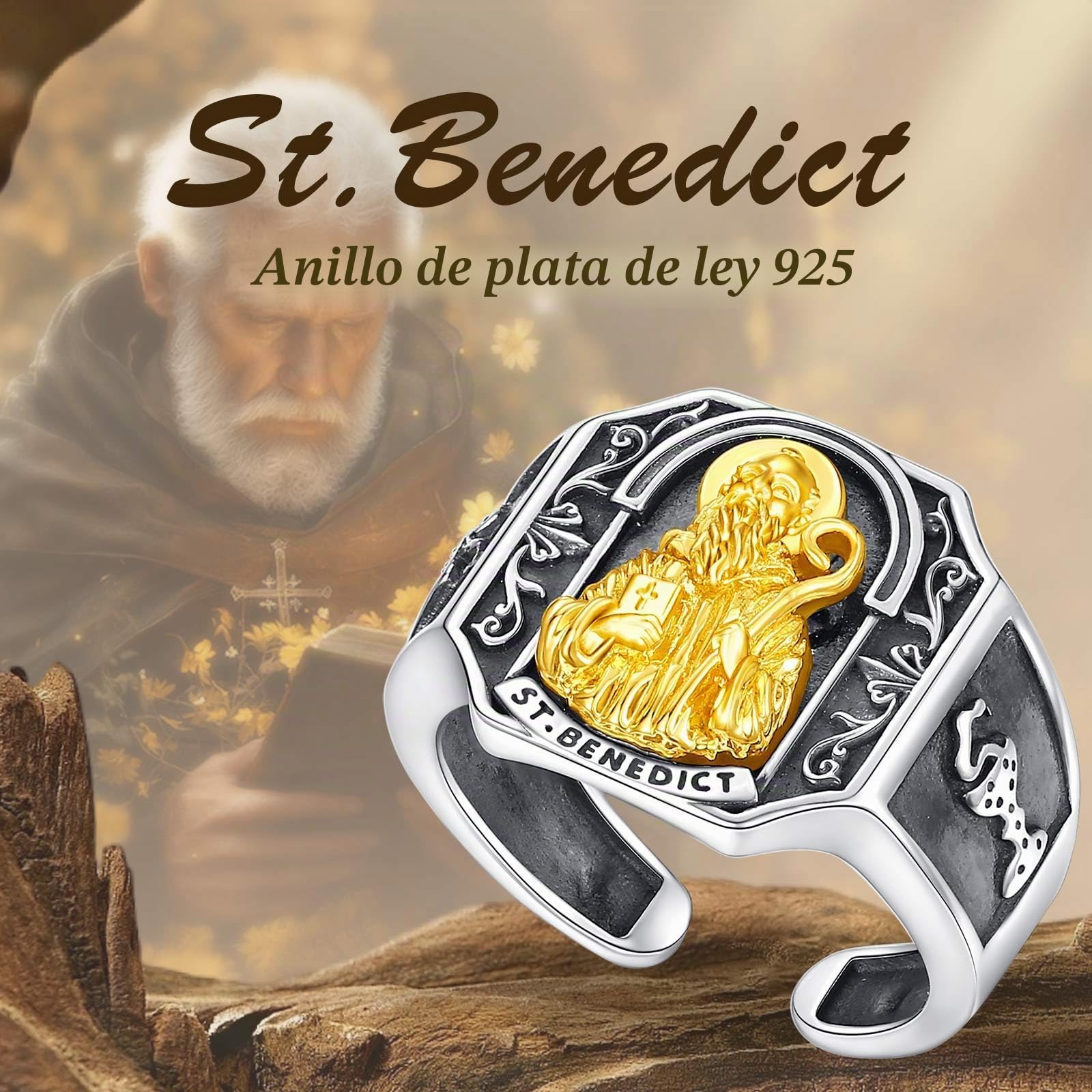 AEONSLOVE Anillo Cruz de San Benito/San Miguel Arcangel Plata de Ley 925 para Hombre Mujer, Anillos Crucifijo Jesus/Cristóbal/Judas, Anillo Abierto Ajustable de Pulgar Joyeria Religiosas