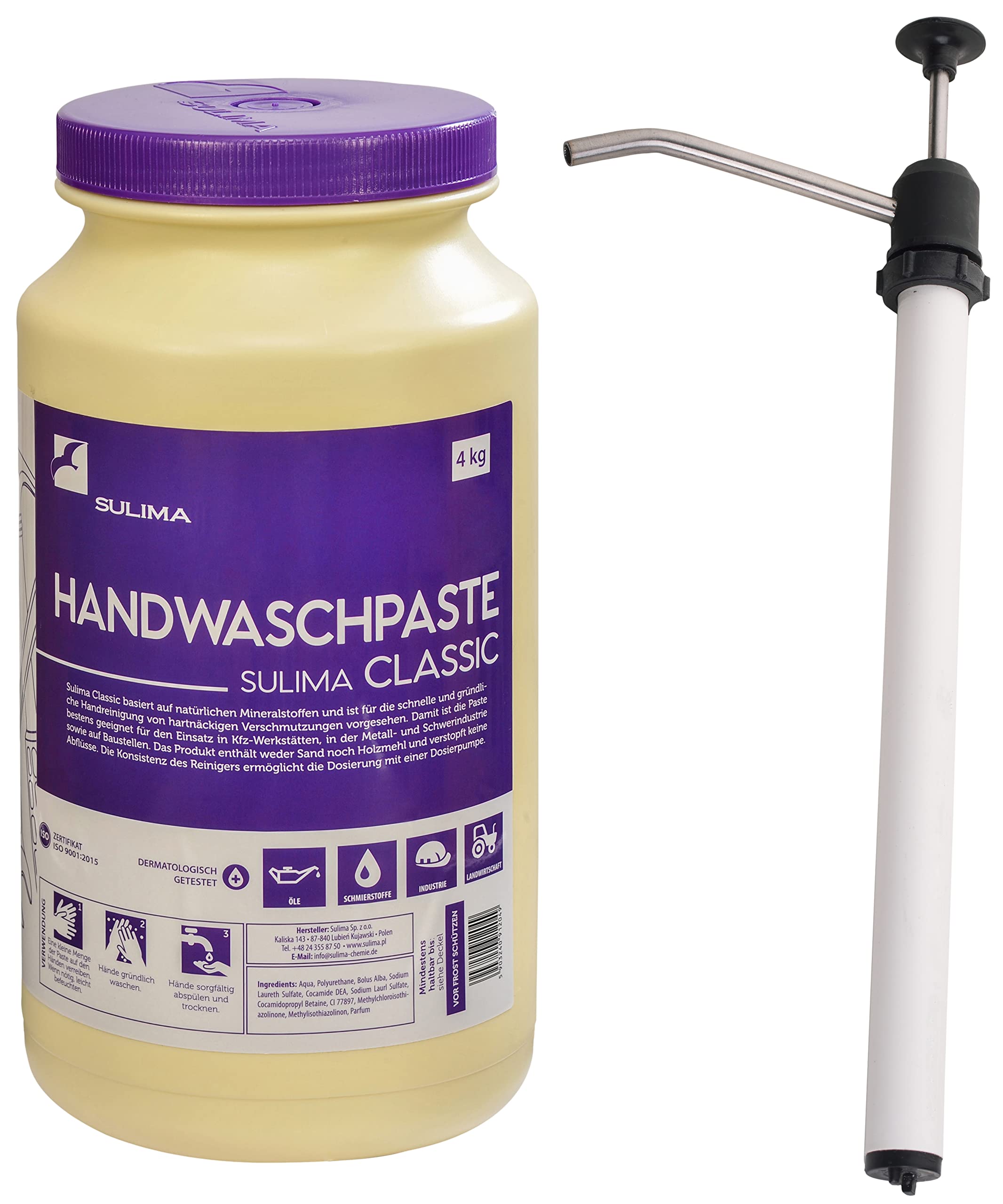 Sulima CLASSIC - Handwaschpaste 4 kg mit Spender | SET: 4 Liter Profi Handreiniger für Werkstatt, Handwerk und Industrie + passende Dosierpumpe