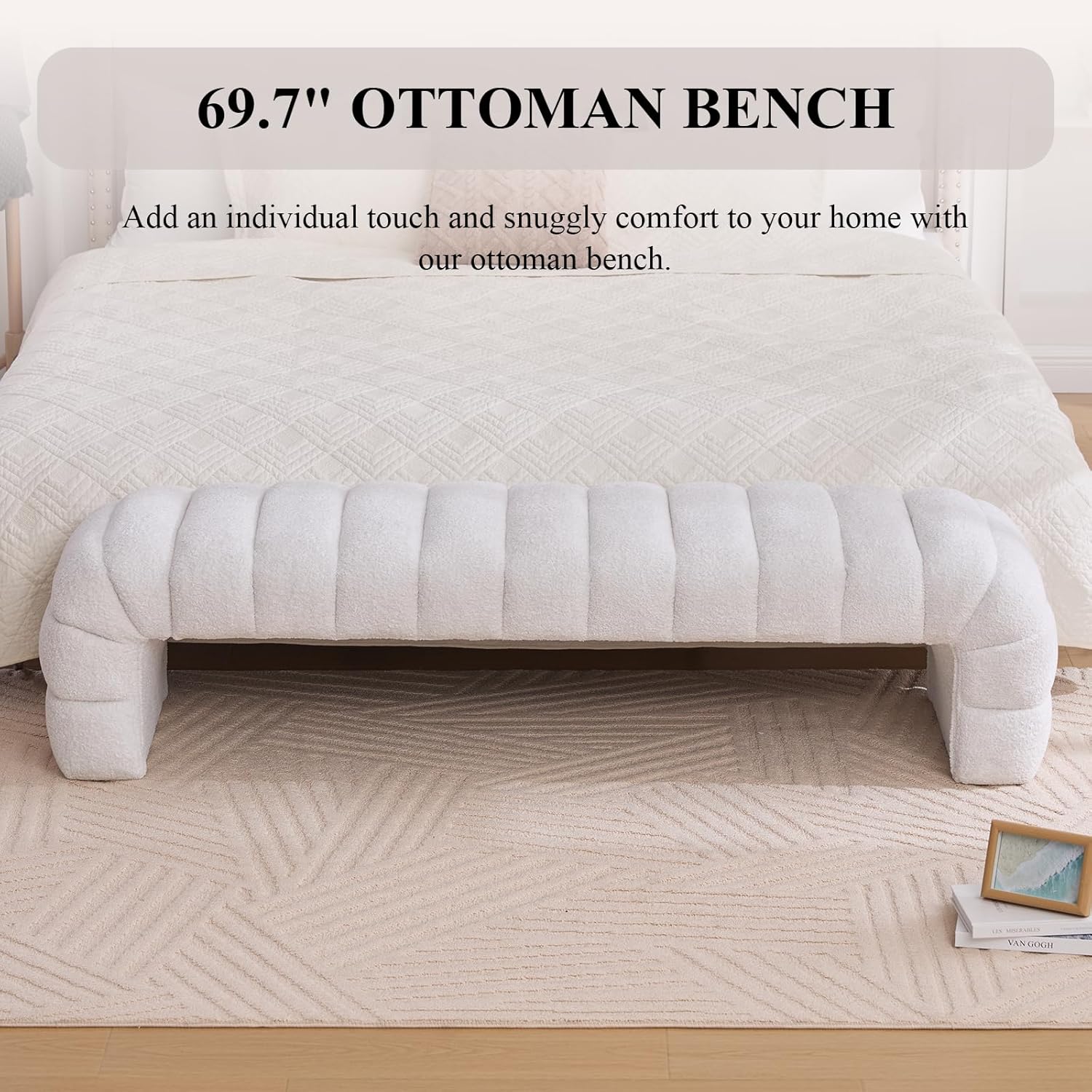 NIOIIKIT 69.7" Ottoman Bench, Teddy Upholstered Queen Size End of Bed Bench, Channel Tufted Entryway Bench with Cushion, Long Bedroom Bench, Window Bench Seat for Entryway, Living Room (Ivory)