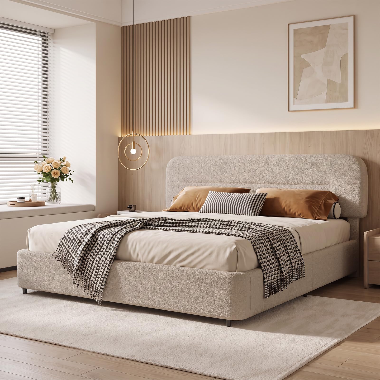 HOMBCK King Bed Frame Cream Boucle