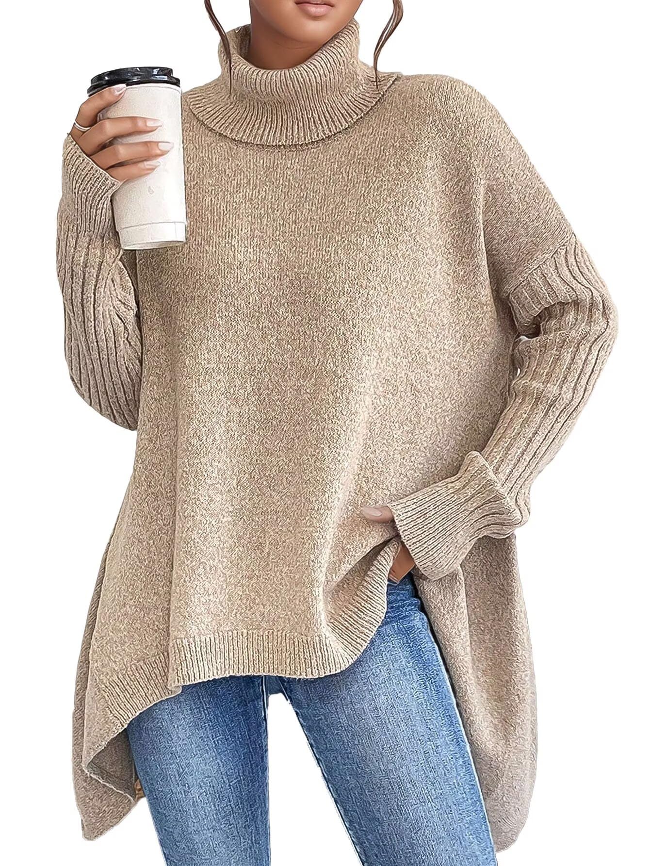 Flamingals Turtleneck Oversized Sweater Long Batwing Sleeve Knit Ribbed Asymmetrical Hem Poncho Sweater for Women