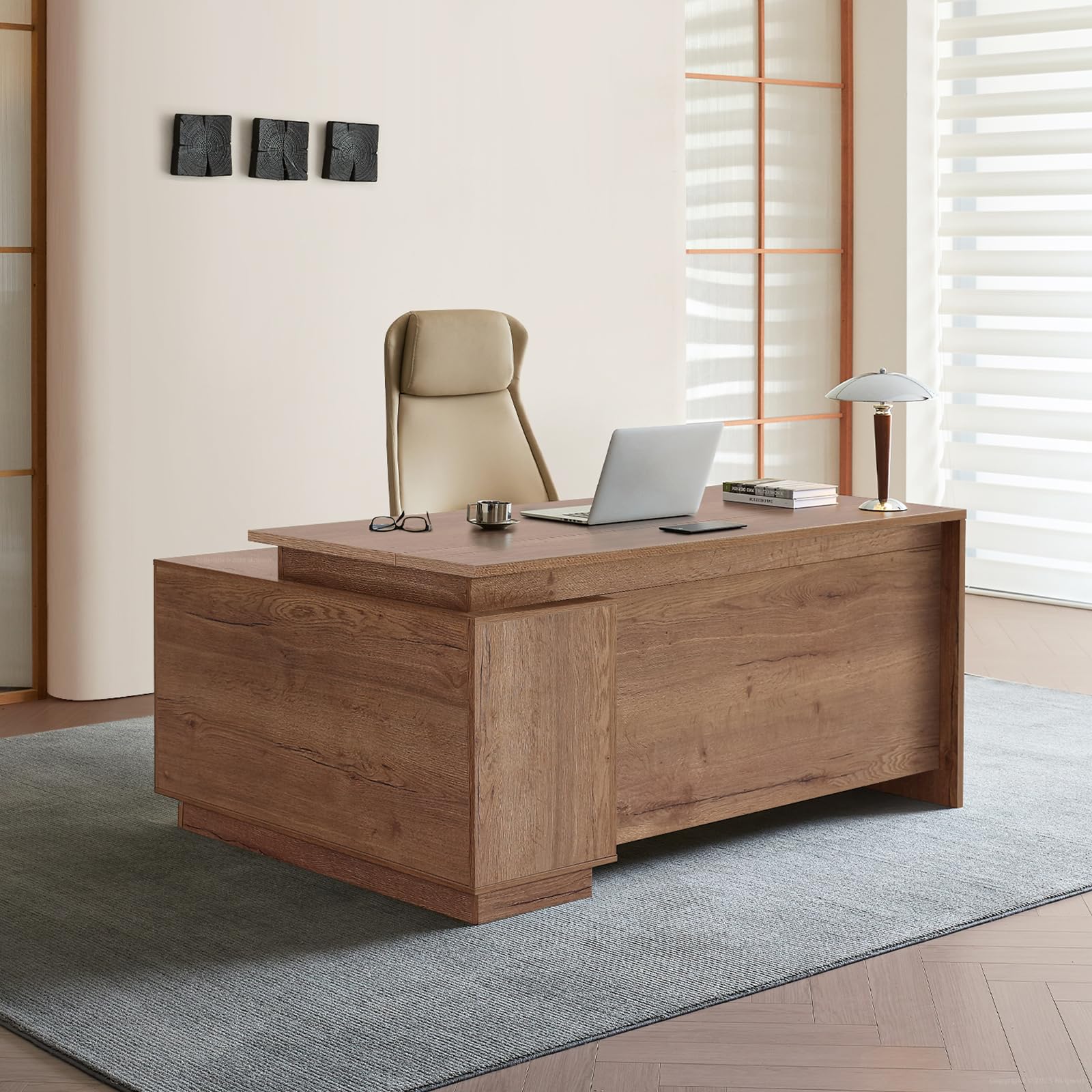 Anzhap Reversible L-Shaped Executive Desk with Drawers – 63" Large Modern Office Desk with Lateral File Cabinet, Built-in Outlet & USB Port, Wide