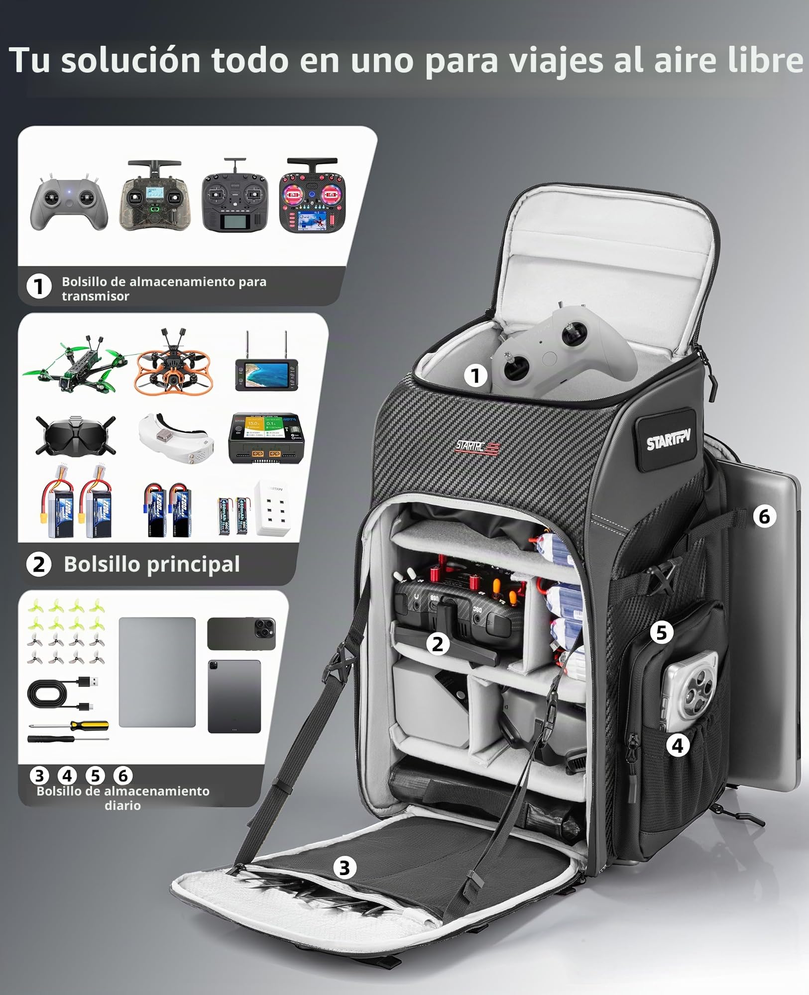 FPV - Mochila para dron, 40 L, funda profesional para cámara de viaje para FPV Racing Quadcopter/DJI Drone/trípode/laptop de 15.6 pulgadas con cubierta impermeable para lluvia y 2 bolsas de
