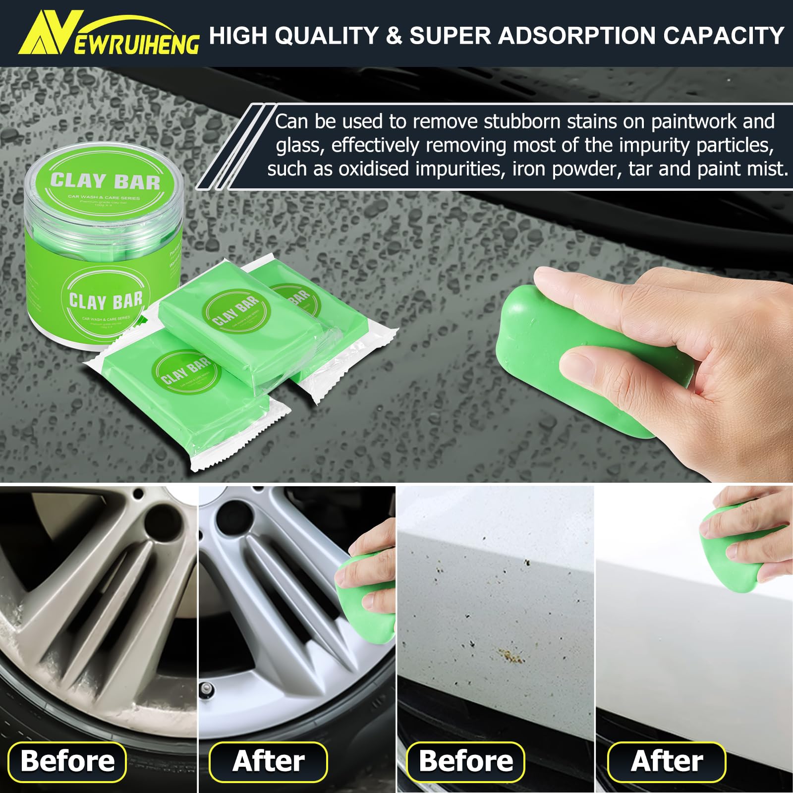 Barre d'argile pour Voituret 4PCS 400g, Auto Car Clay Bar Bars d'argile propres pour Nettoyage Voiture Decontamination Voiture, le soin de la peinture et le nettoyage du verre (1, Vert)