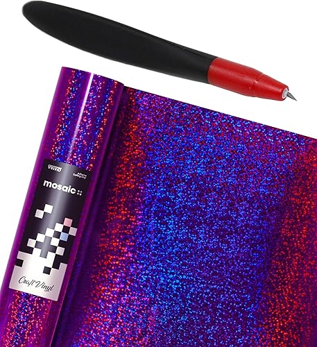 Mosaic+ Craft Vinyl Purpurina holográfica púrpura (1 pie x 5 pies) + paquete de cuchillos giratorios 360 - M0