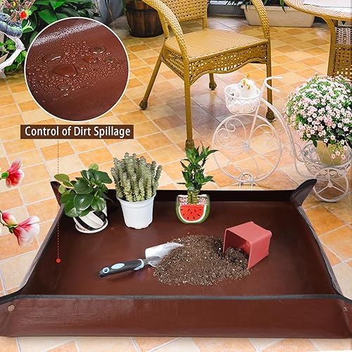 Miniatura 32 de Tapete grande para macetas para trasplante de plantas de casa y control de mezcla de suelo, impermeable, bandeja de trasplante de plantas, Naranja