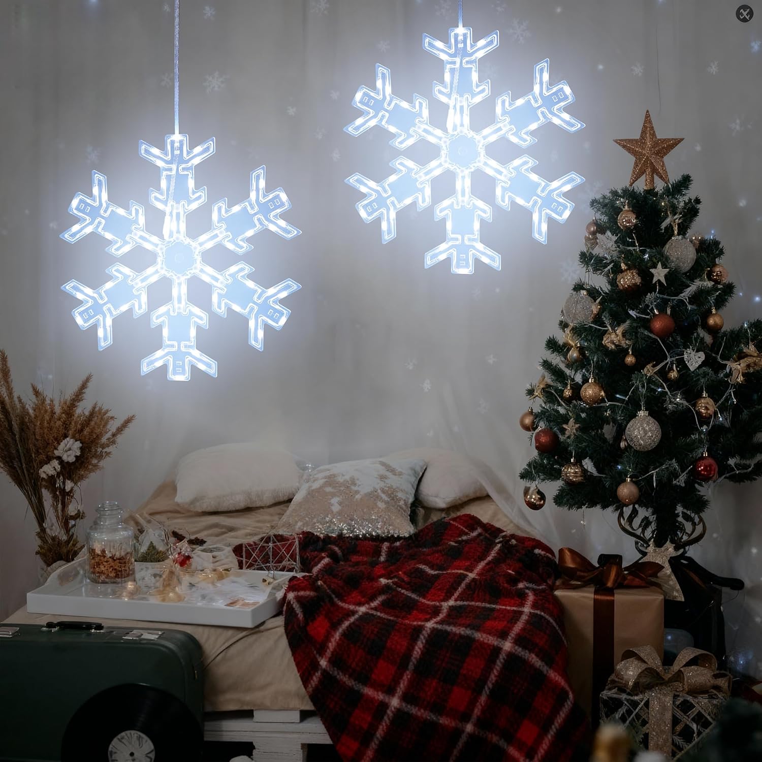 BrizLabs 2 Pack Christmas Window Lights with Remote, 61 Modes, Warm & Cool White & RGB Color Changing 12" Foldable Snowflake Hanging Christmas Lights for Xmas Indoor Outdoor Wall Door Fireplace Decor