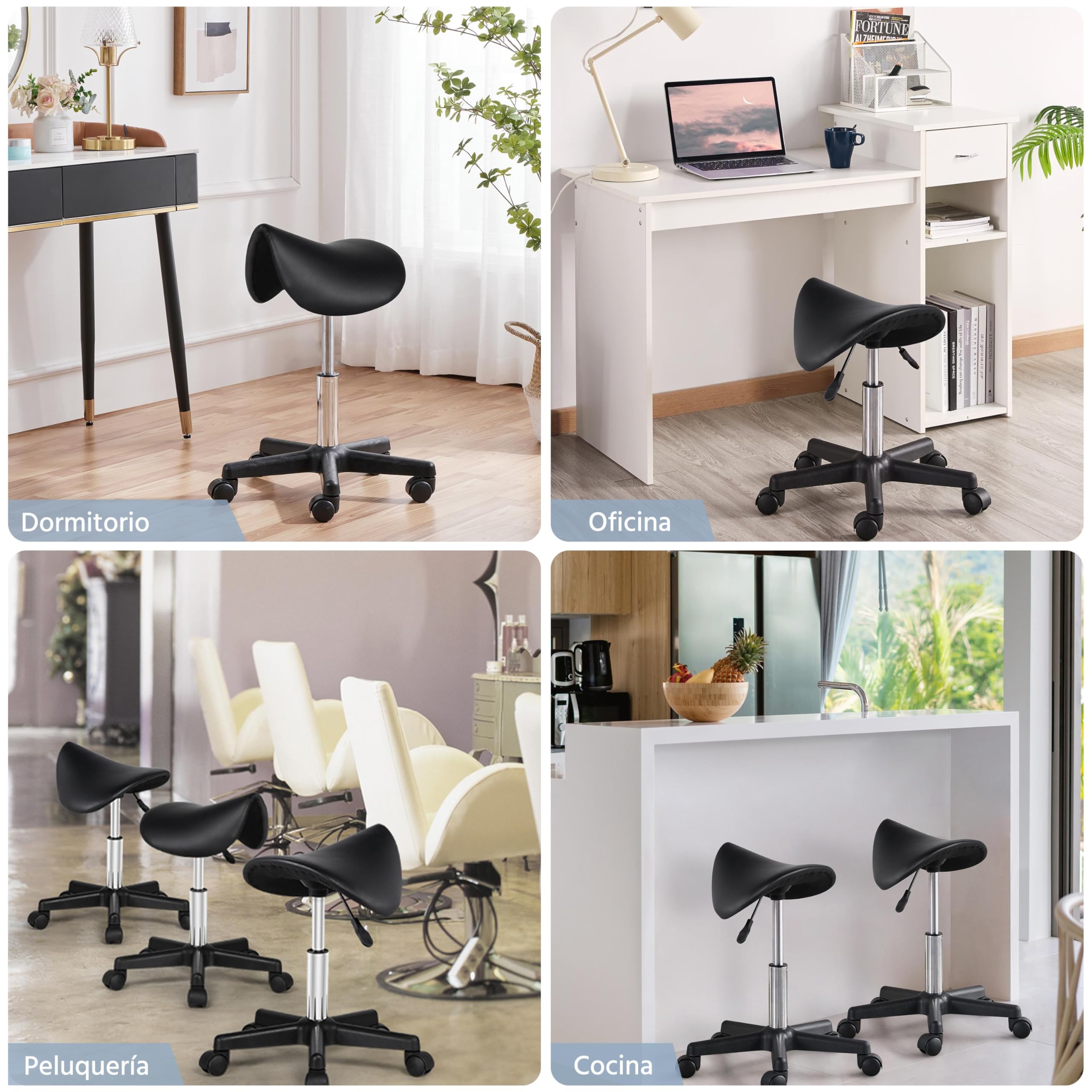 Yaheetech Taburete con Ruedas Taburete Regulable con Respaldo Silla Alta Giratorio para Peluquería Tocador Maquillaje Bar Negro
