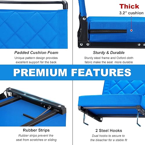 Miniatura 6 de Asientos de estadio con cojín de apoyo trasero, asientos plegables para gradas que soportan hasta 400 libras, asiento ancho con correa para el