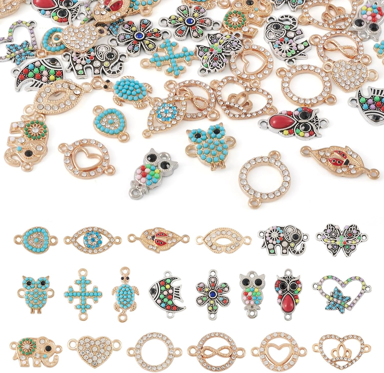 pandahall 40pcs Mixed Alloy Enamel Charms Connectors 20 Styles Colorful 2 Hole Rhinestone Owl Elephant Pendants Links for DIY Necklace Bracelet Jewelry Making