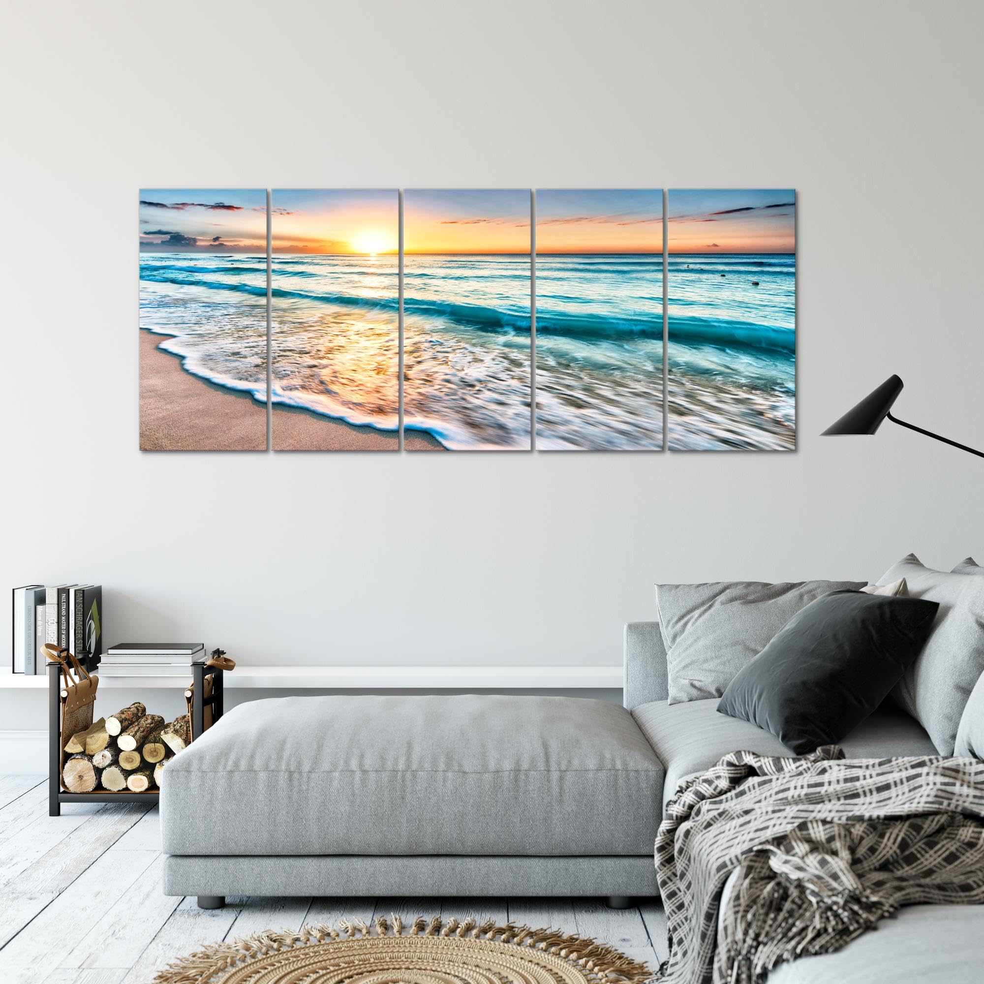 Runa Art Wandbild XXL Sonnenuntergang Strand Schlafzimmer Wohnzimmer 200 x 80 cm Beige Blau 5 Teilig - Made in Germany - 023755a