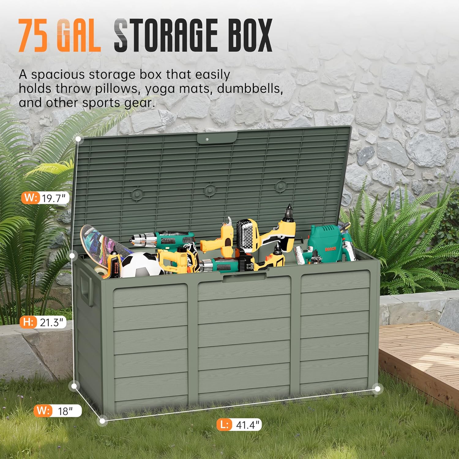 Crownland Outdoor 75 Gallon Storage Deck Box, Weatherproof Woodgrain Patio Storage Box for Balcony, Garden, Backyard (Green)