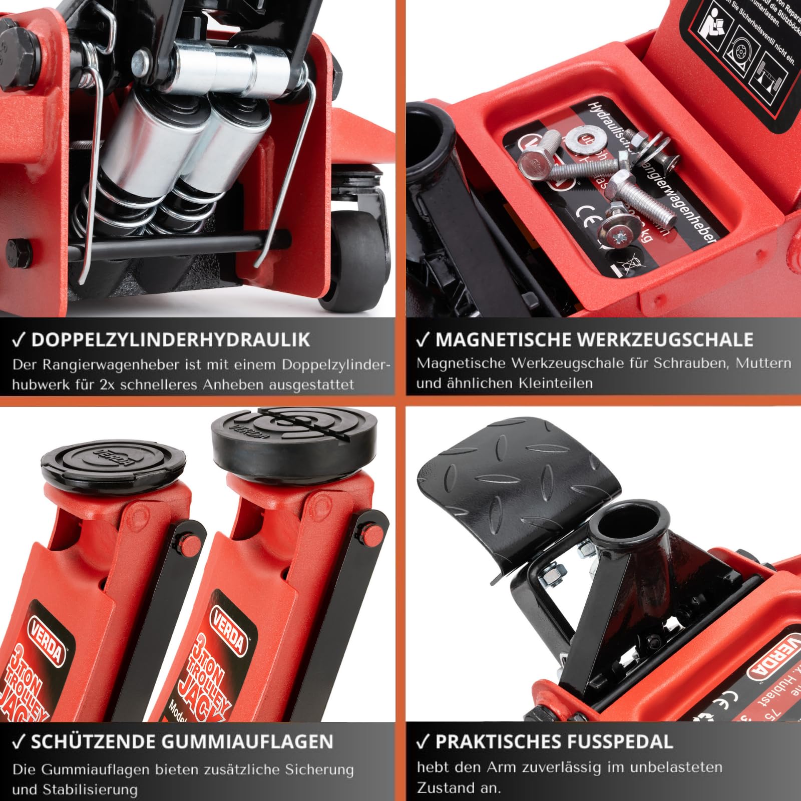 Cric idraulico 3T Verda con pedale, altezza sollevamento 75-515 mm, doppia pompa per auto e SUV