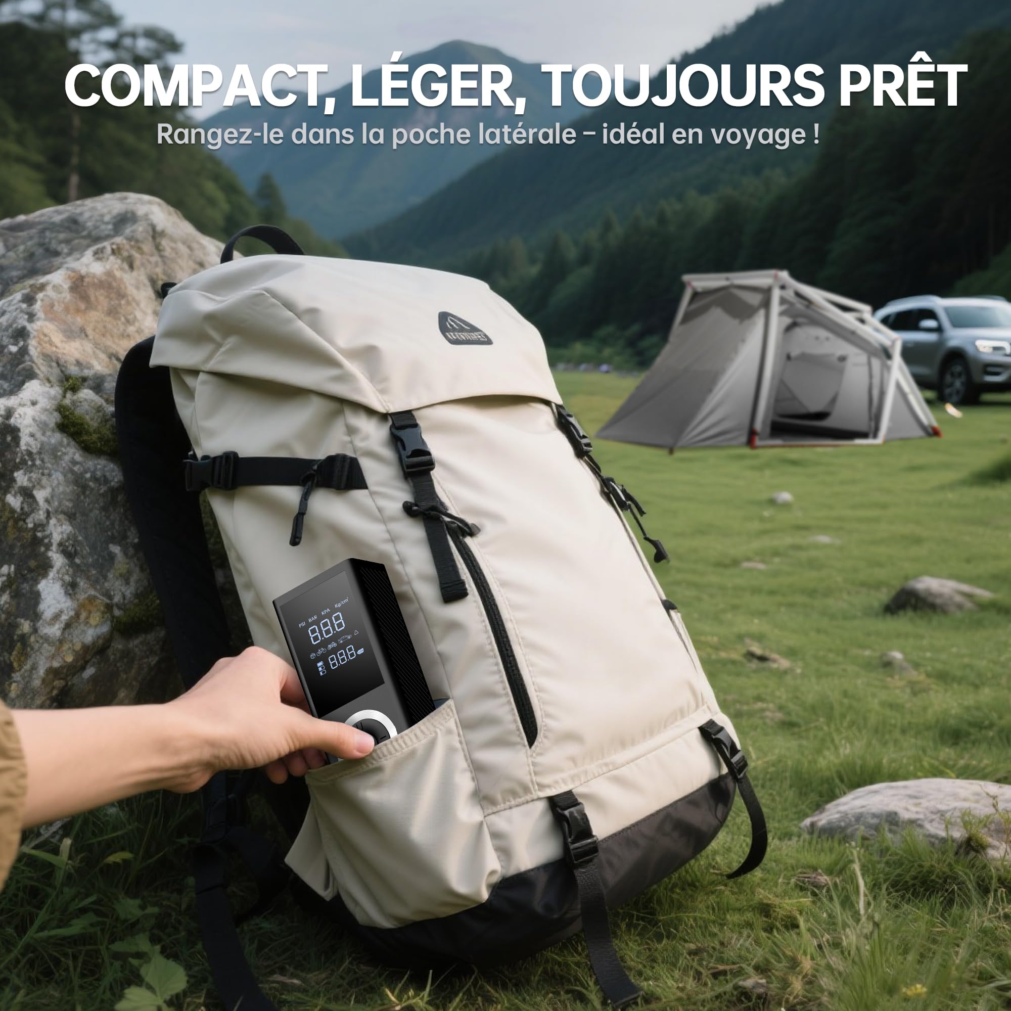 Gonfleur de Pneus Électrique Sans Fil 150 PSI – Mini Compresseur d’Air Portable Rechargeable avec Écran Digital, LED, Arrêt Automatique – pour Voiture, Vélo, Moto, Ballon