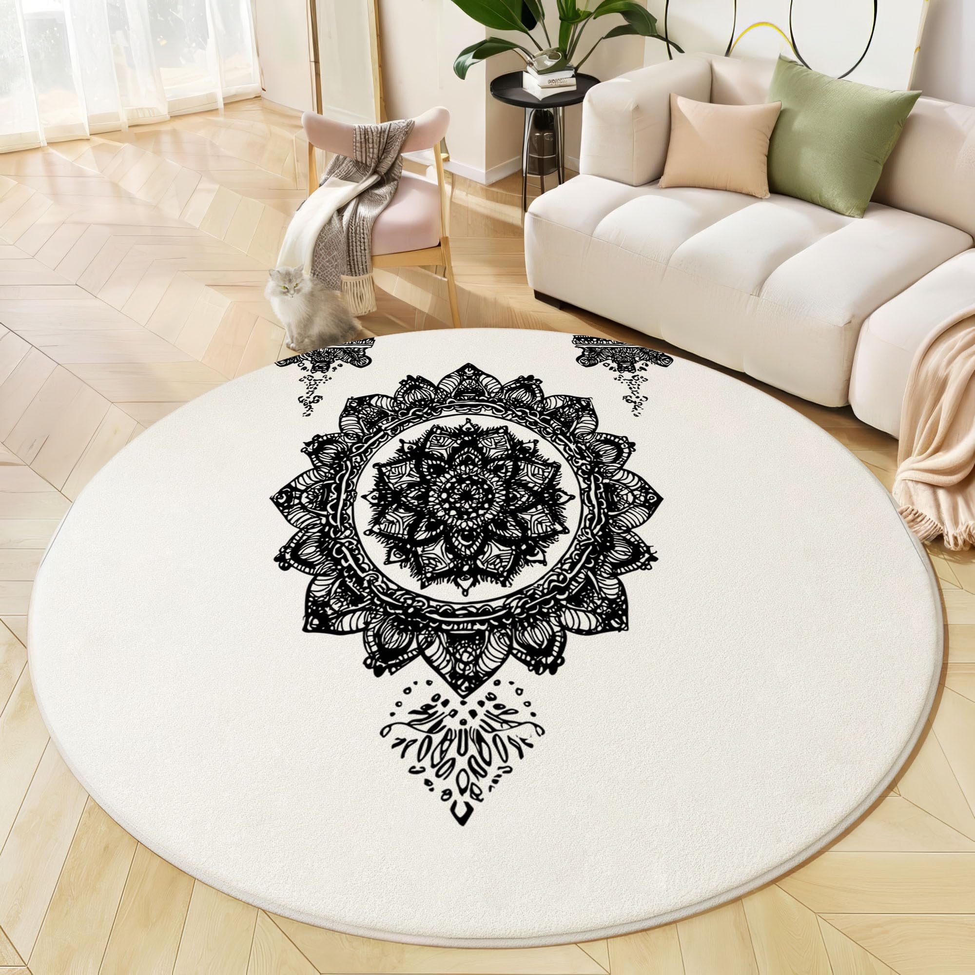 Tapis Rond Mandala Noir Et Blanc pour Salon, 180cm Circulaire Tapis Art Géométrique Minimaliste Douce Lavable Et Antidérapante pour Chambre Intérieure, Blanc
