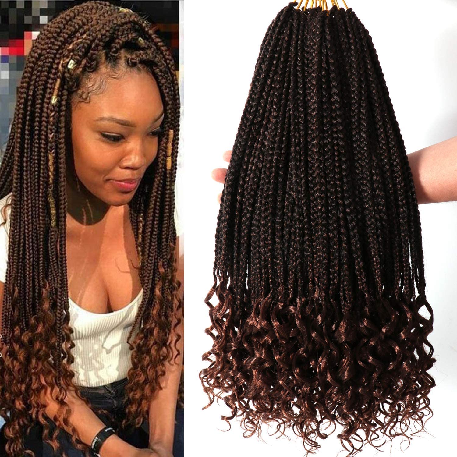 Box Braids Crochet Hair with Curly Ends 7 Packs Crochet Braiding Hair Goddess Box Braid Synthetic Braiding Hair Extension for Women (14 inch, T30)