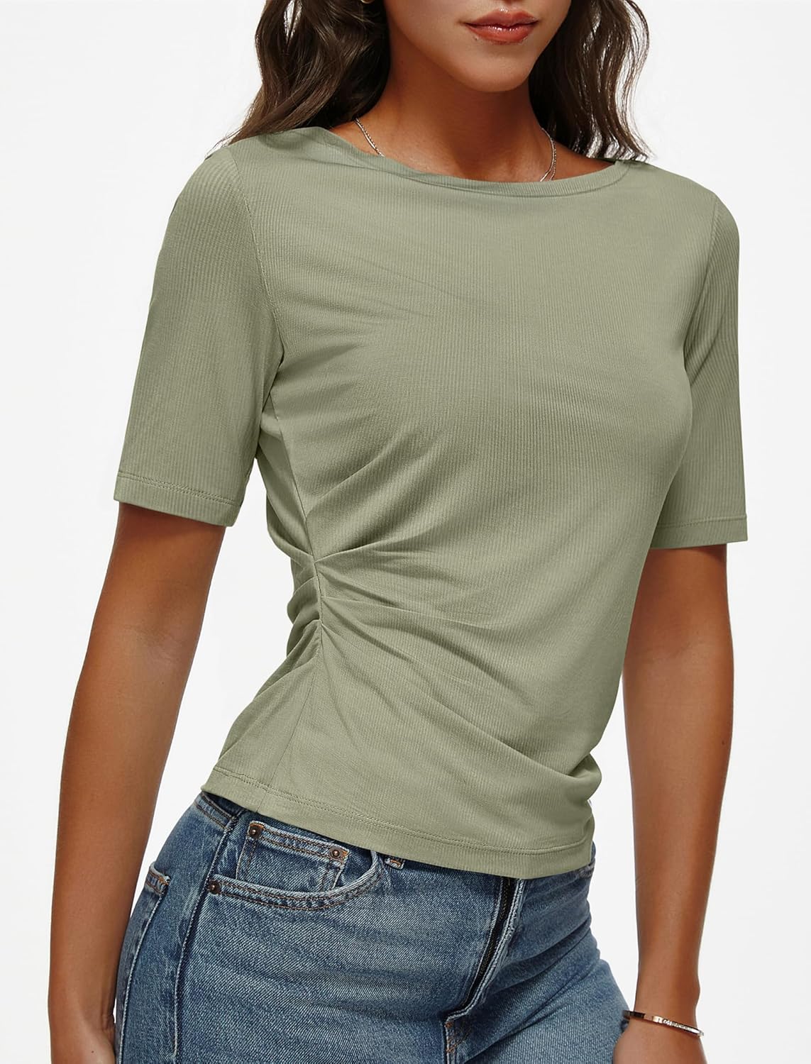 Women's Boat Neck Top Half Sleeve Ruched Side Fitted T-Shirt Basic Casual Slim Tee - Image 2