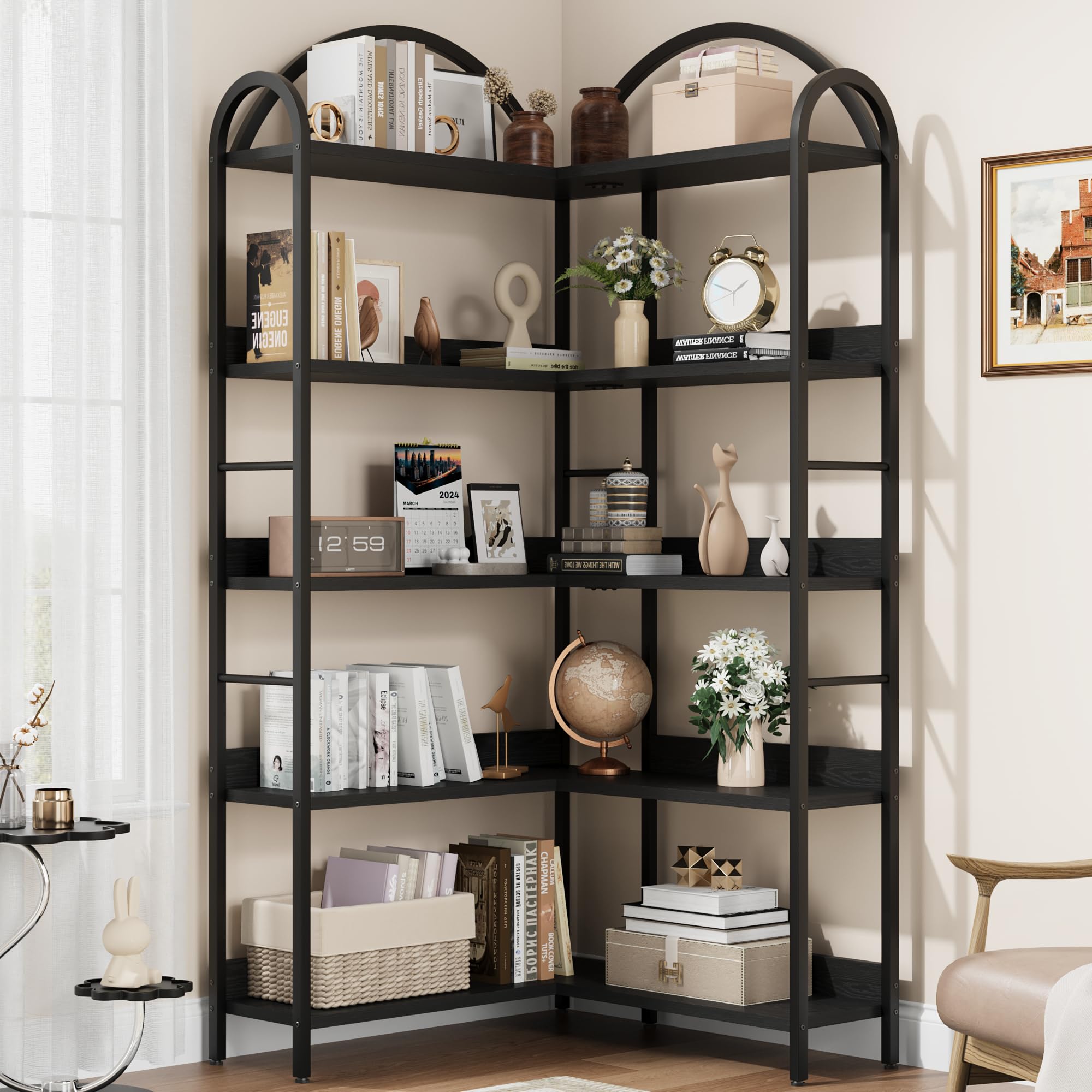 Mobeneno 5 Tiers Corner Bookshelf, 174cm Tall L Shaped Bookshelf Industrial Arched Bookcase, Display Storage Rack with Metal Frame, Shelving Unit for Living Room Bedroom
