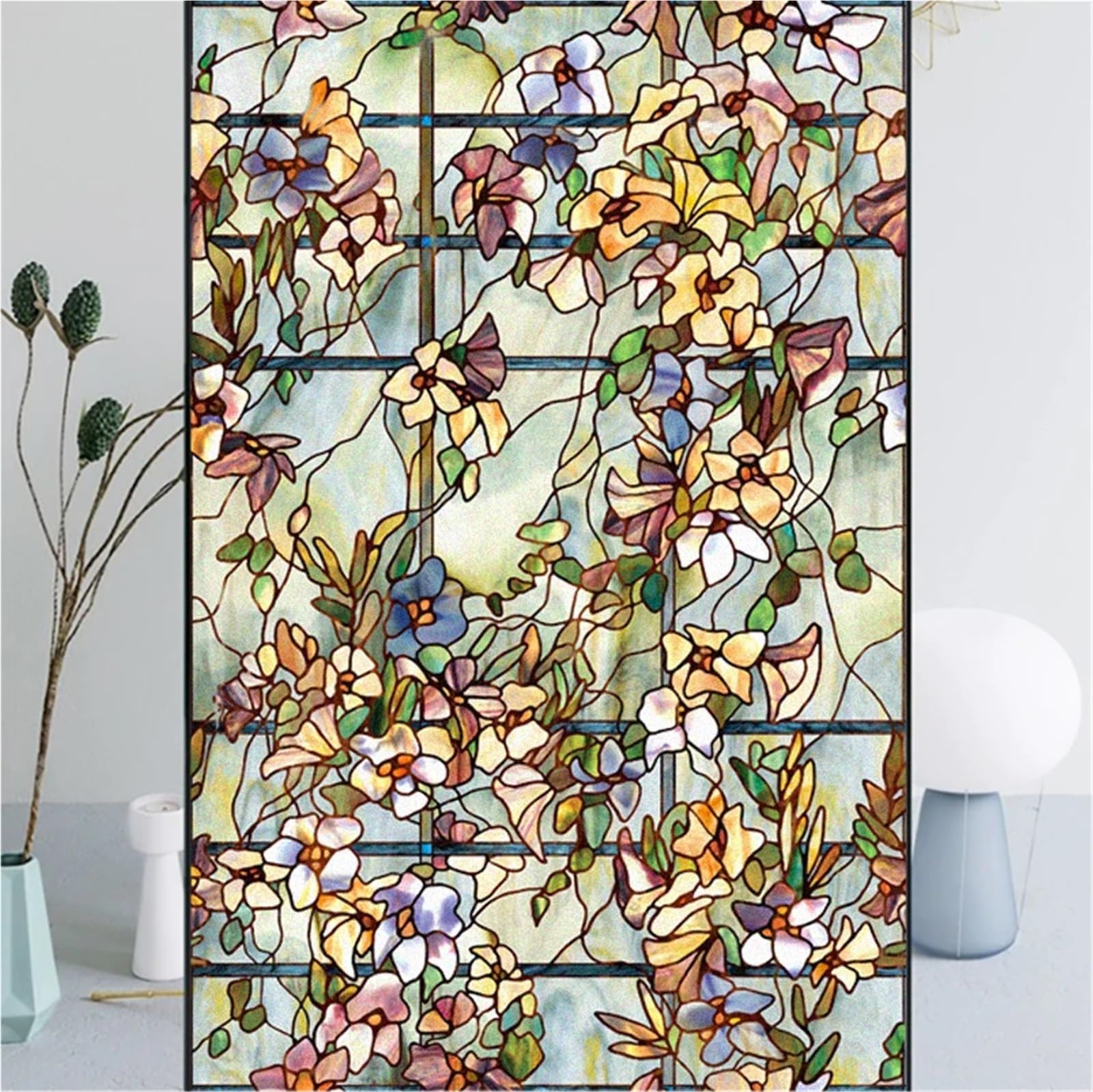 Fensterfolie Retro-Blumen-Fensterfolie, elektrostatischer Aufkleber, farbiges Glas, klebstofffrei, UV-beständig, hitzebeständig, Türaufkleber(90x150cm)