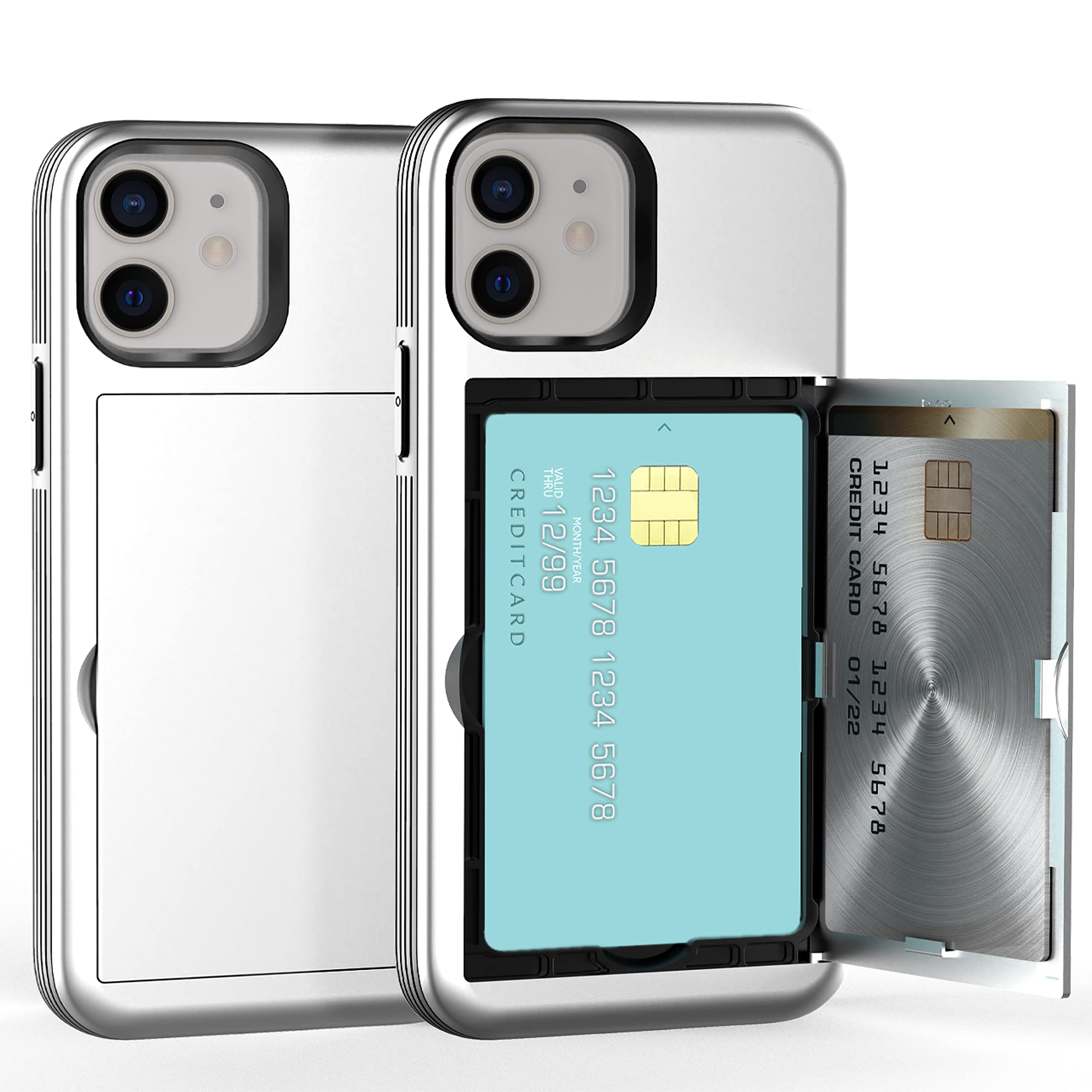 JUST4YOUfor iPhone 12 Mini Case with Card Holder Kickstand Protective Dual Layer Bumper Cover (Silver) CS_BR_OC_I12M_SR