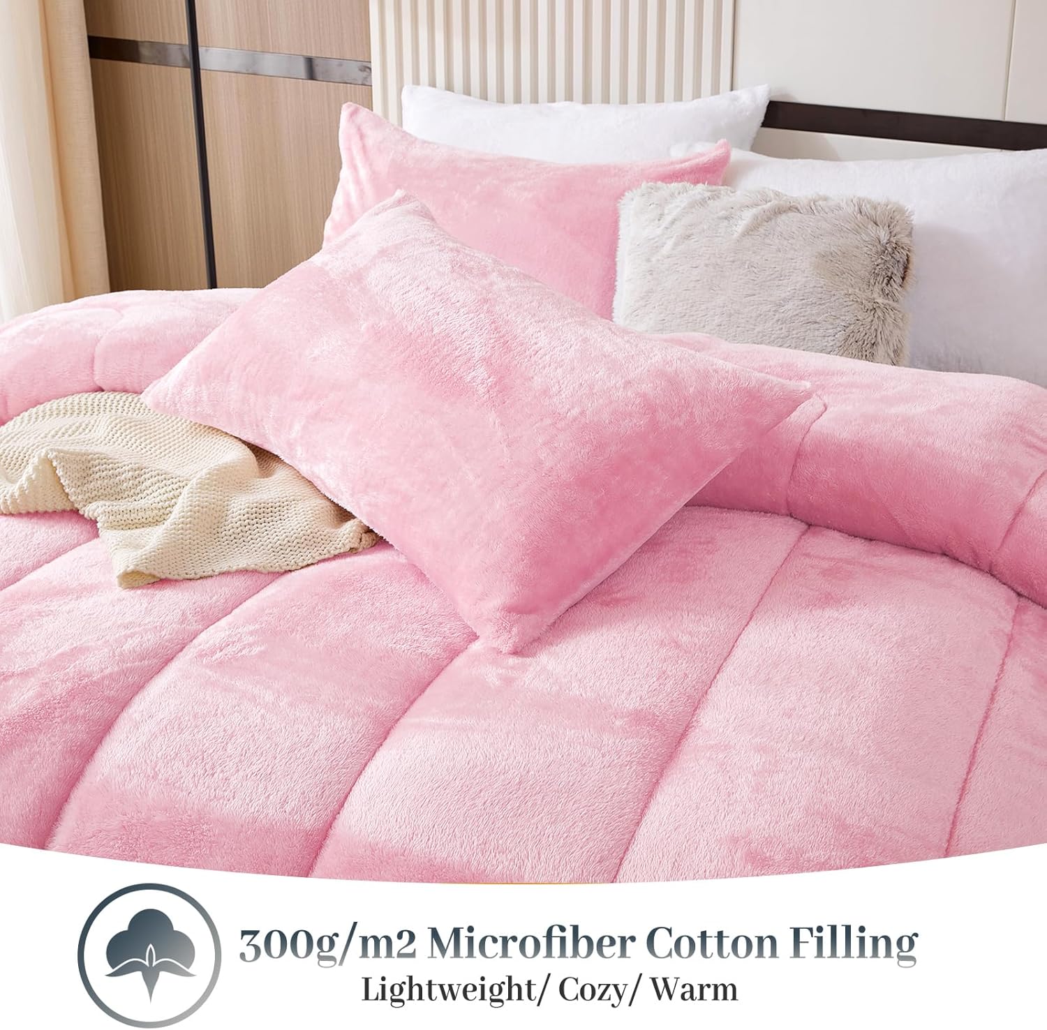 YIYEA Fluffy King Size Comforter Set, Luxury Faux Fur Comforter, Ultra Soft Plush Fuzzy Velvet Bedding Comforter Sets for Fall Winter, Cozy Warmth, No Shedding, 3PC, King, Pink - Image 4