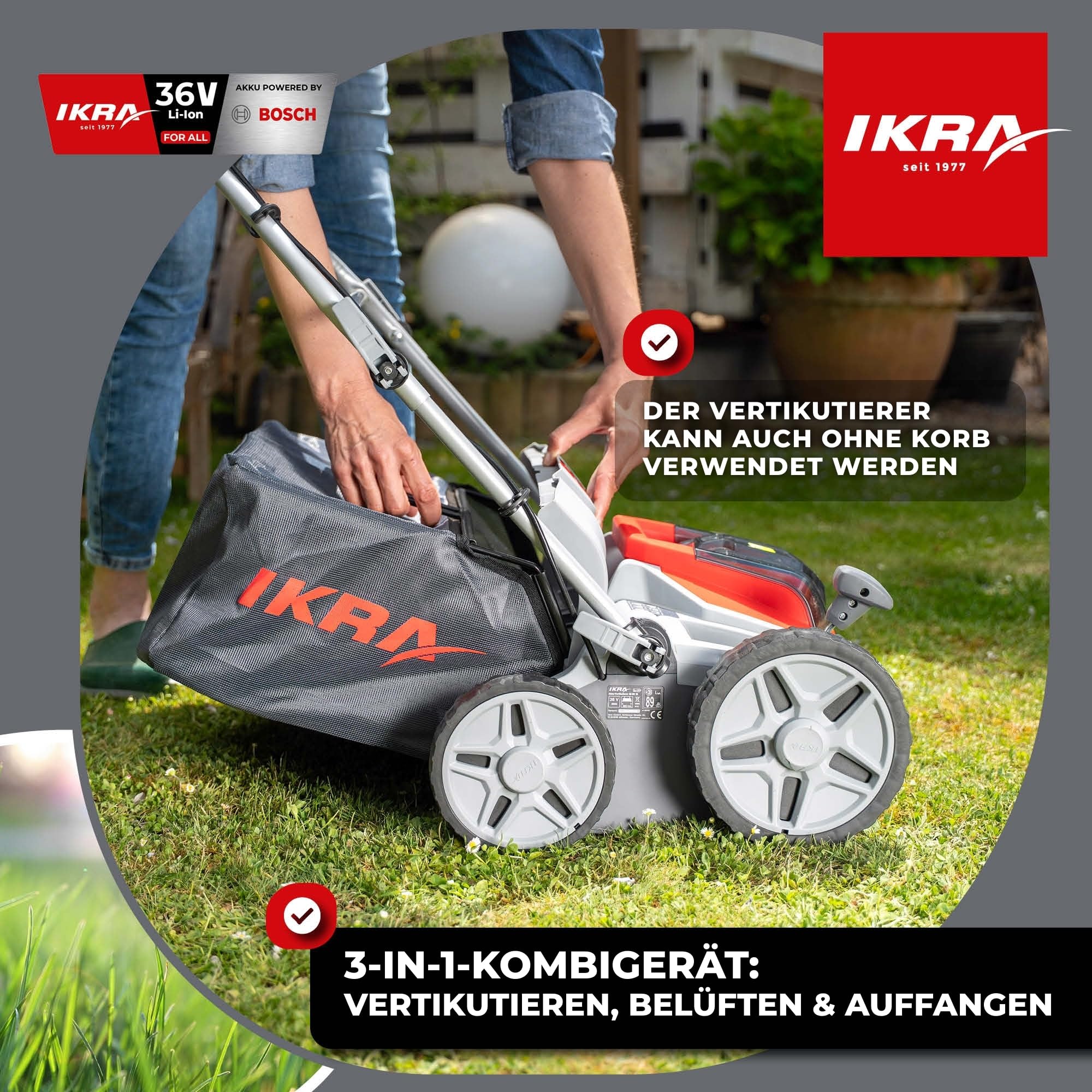 IKRA 3in1 Vertikutierer Rasenlüfter IB-SR 36, ohne 36V Akku & Ladegerät | Kompatibel mit Bosch, Fangkorb 45l, Arbeitsbreite 36cm, Tiefe -12 bis +10mm, 2-fach höhenverstellbarer Griff, klappbarer Holm
