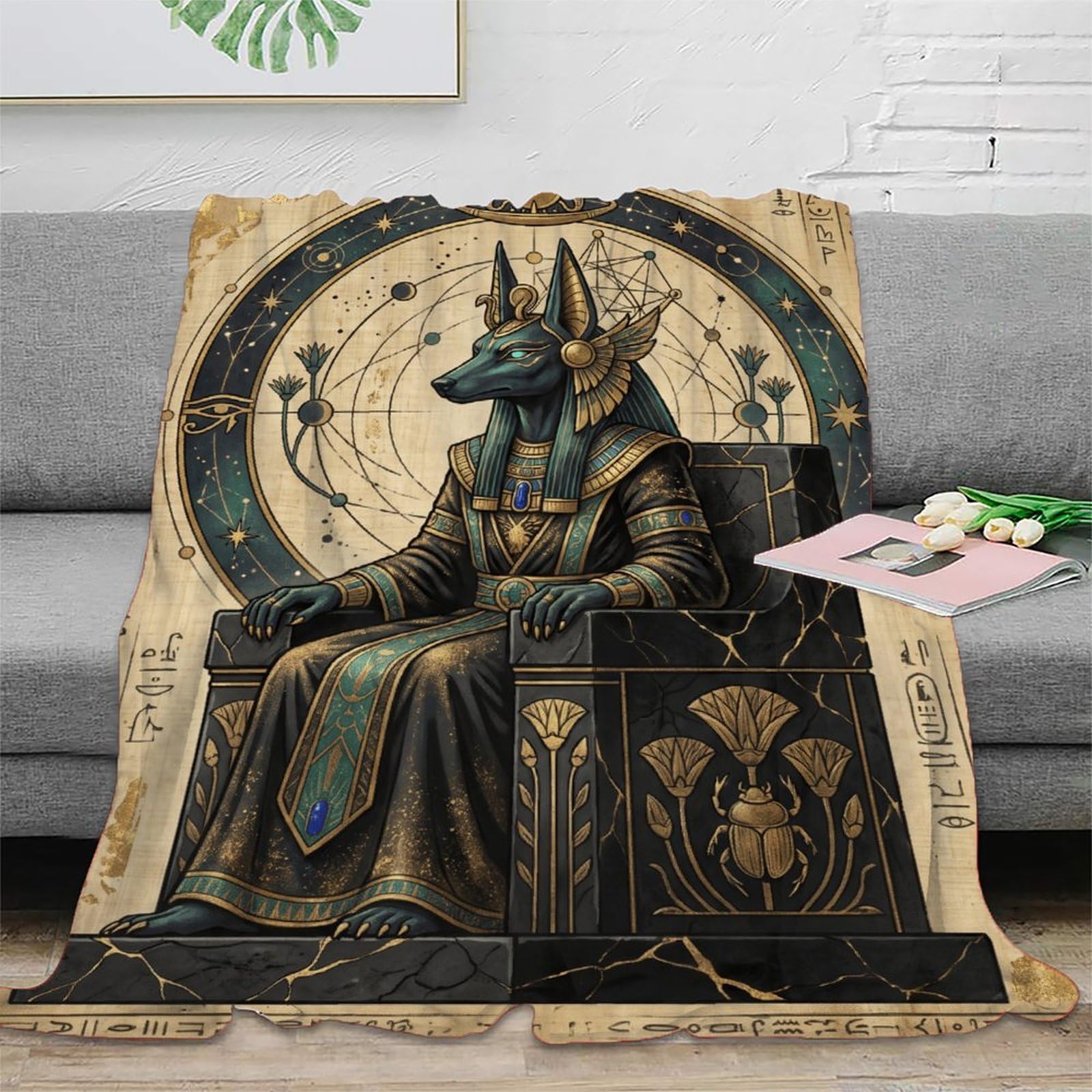 H3B8U2Y5 Anubis Seated Egyptian Blanket, Flannel, Nap, Ancient Egyptian Art
