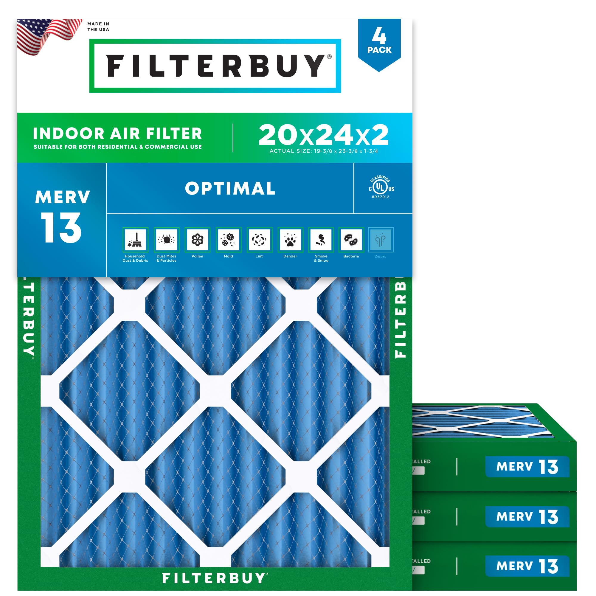 FilterBuy20x24x2 Air Filter MERV 13 Optimal Defense (4-Pack), Pleated HVAC AC Furnace Air Filters Replacement (Actual Size: 19.38 x 23.38 x 1.75 Inches)