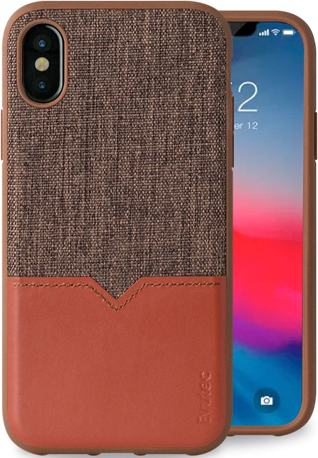 EvutecCompatible with iPhone Xs / iPhone X Unique Heavy Duty Case Leather + TPU Shockproof Interior Drop Protective Phone Cover- Brigandine/Lava (AFIX+ Car Vent Mount Included)