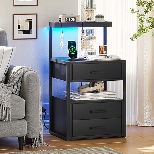 Miniatura 10 de AOGLLATI Nightstand Set of 2 with Charging Station and LED Lights, Bedside Table with 3 Drawers and Open Storage Shelves, 2 USB Ports and 2 AC