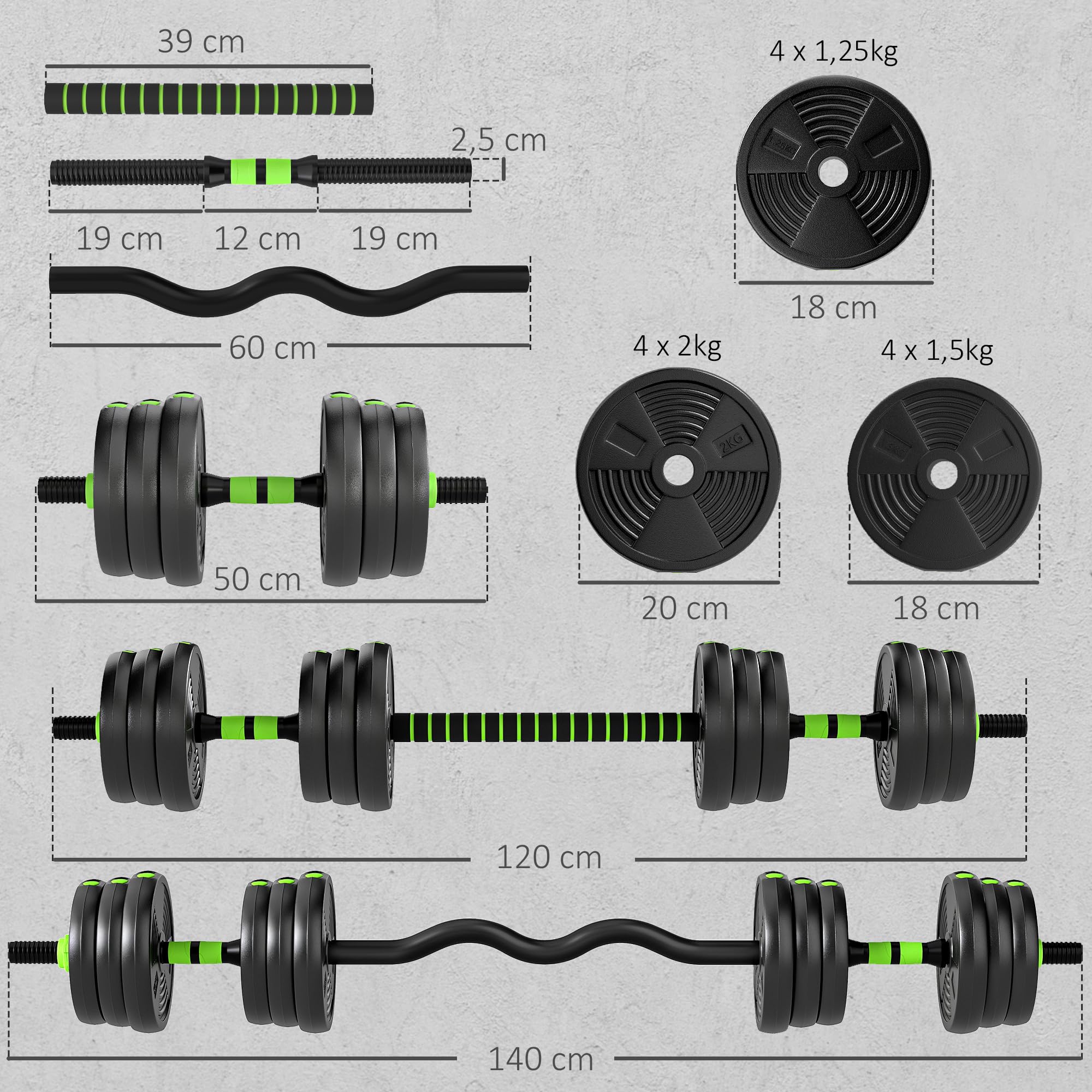 SPORTNOW Juego de Mancuernas Ajustables 3 en 1 20kg a 30kg, Juego de Pesas con Barra de Conexión y Mango Antideslizante, Pesas y Mancuernas para Hombres y Mujeres, Ejercicio de Fitness, Casa Gimnasio