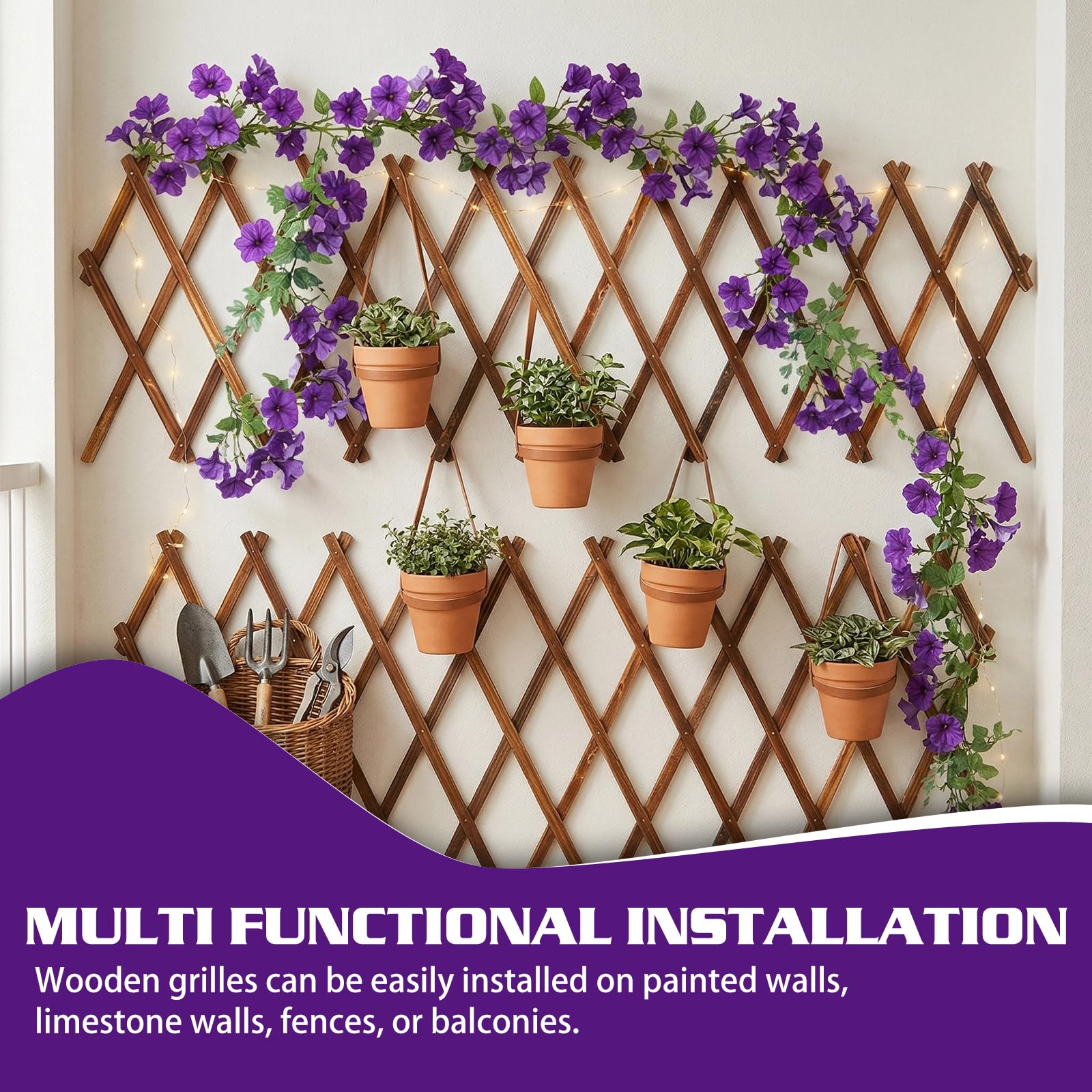 Enrejado extensible para plantas, 180 x 30 cm, rejilla de madera con 5 ganchos, enrejado vertical para plantas trepadoras, decoración de pared, soporte de madera para habitaciones, jardín, terraza