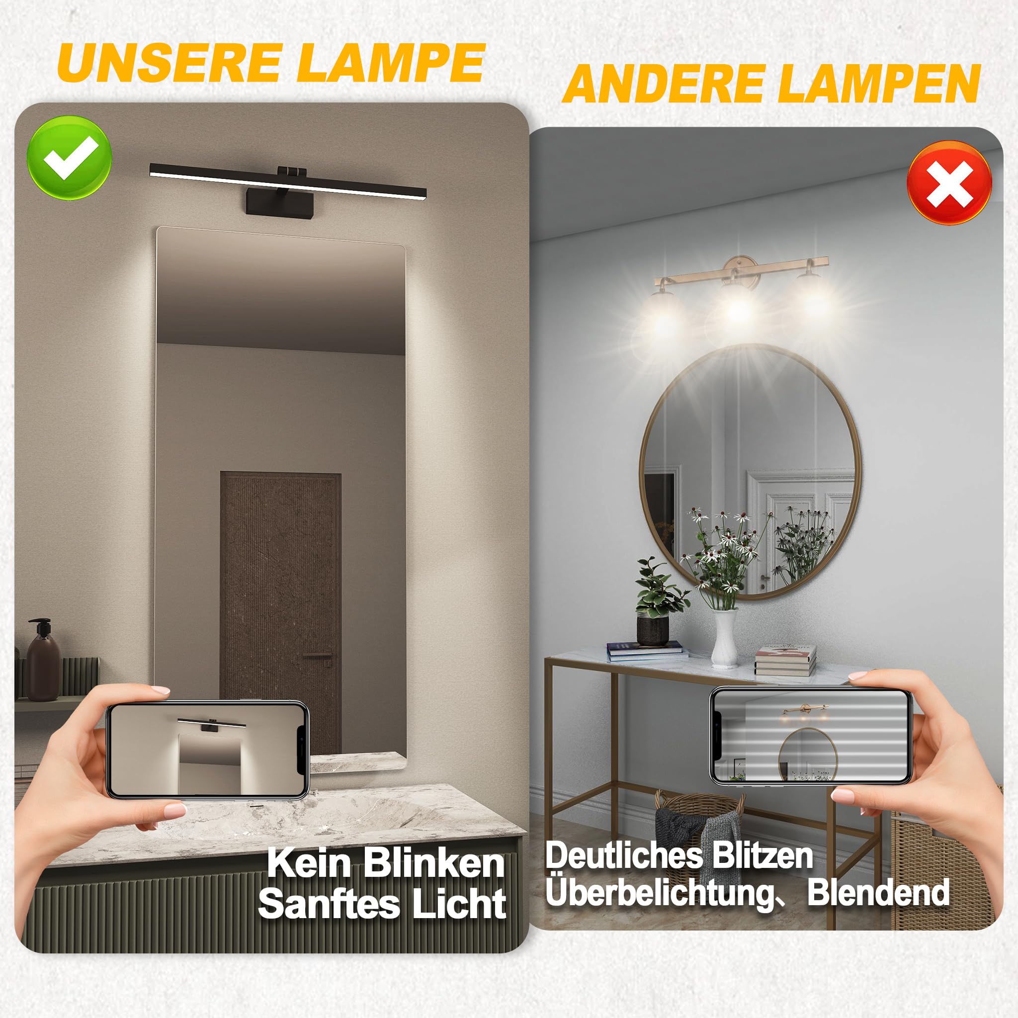 UISEBRT 10W 40cm LED Spiegellampe Badezimmer, Leuchtstoffröhre 180° Verstellbar, Schwarz Badezimmer Lampe Modern IP44 Schrankleuchte für Wandbeleuchtung und Spiegel Beleuchtung, Typ A Kaltweiß