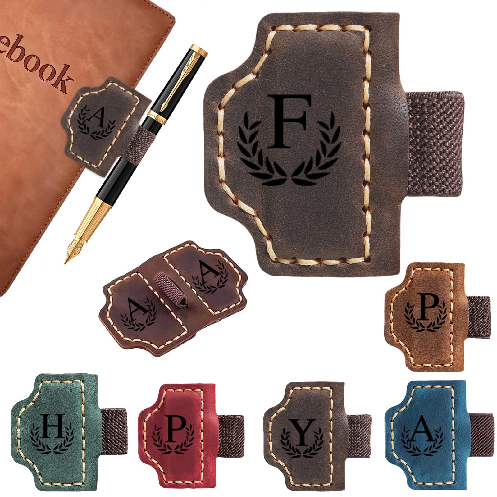 Erebloom – Marque-page magnétique personnalisé avec porte-stylo, 26 lettres du nom et initiale Erebloom – Marque-page magnétique personnalisé en cuir pour la lecture pour homme et femme (marron, F)